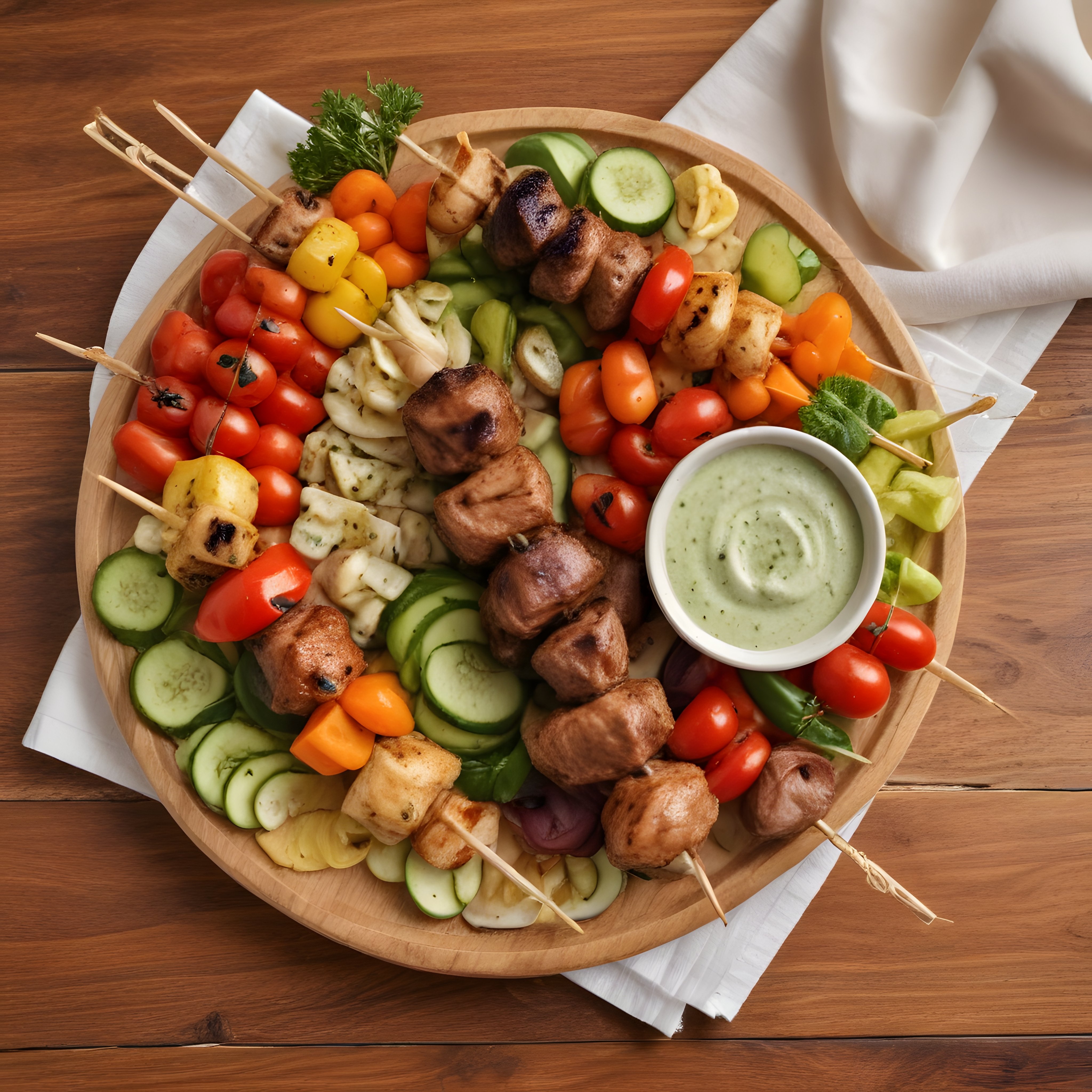 Nefis Ahşap Sunum Tahtasında Renkli Şiş Kebap ve Taze Sebze Çeşitleri