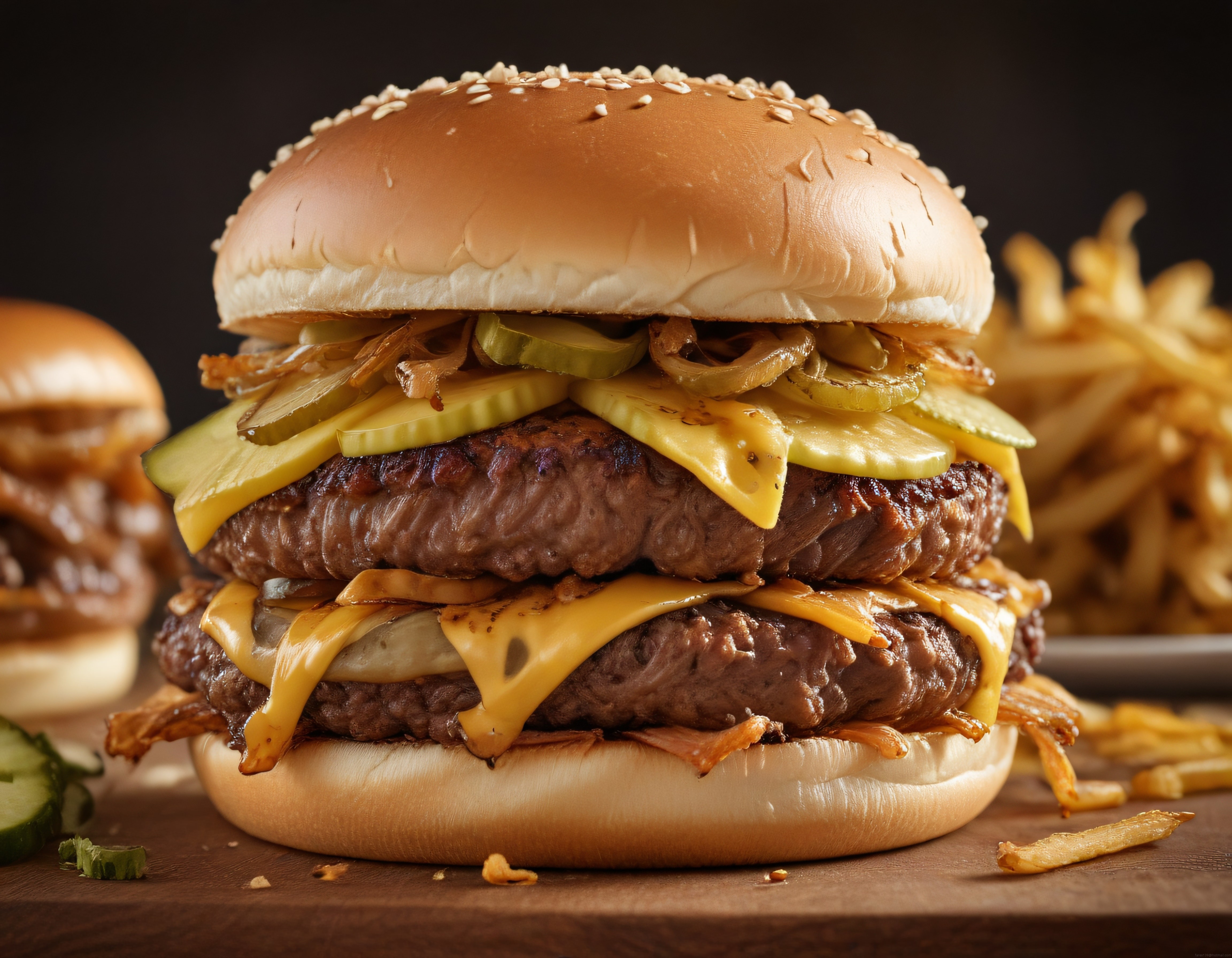 Nefis Çift Katlı Cheddar Burger ve Patates Kızartması ile İştah Açıcı Sunum