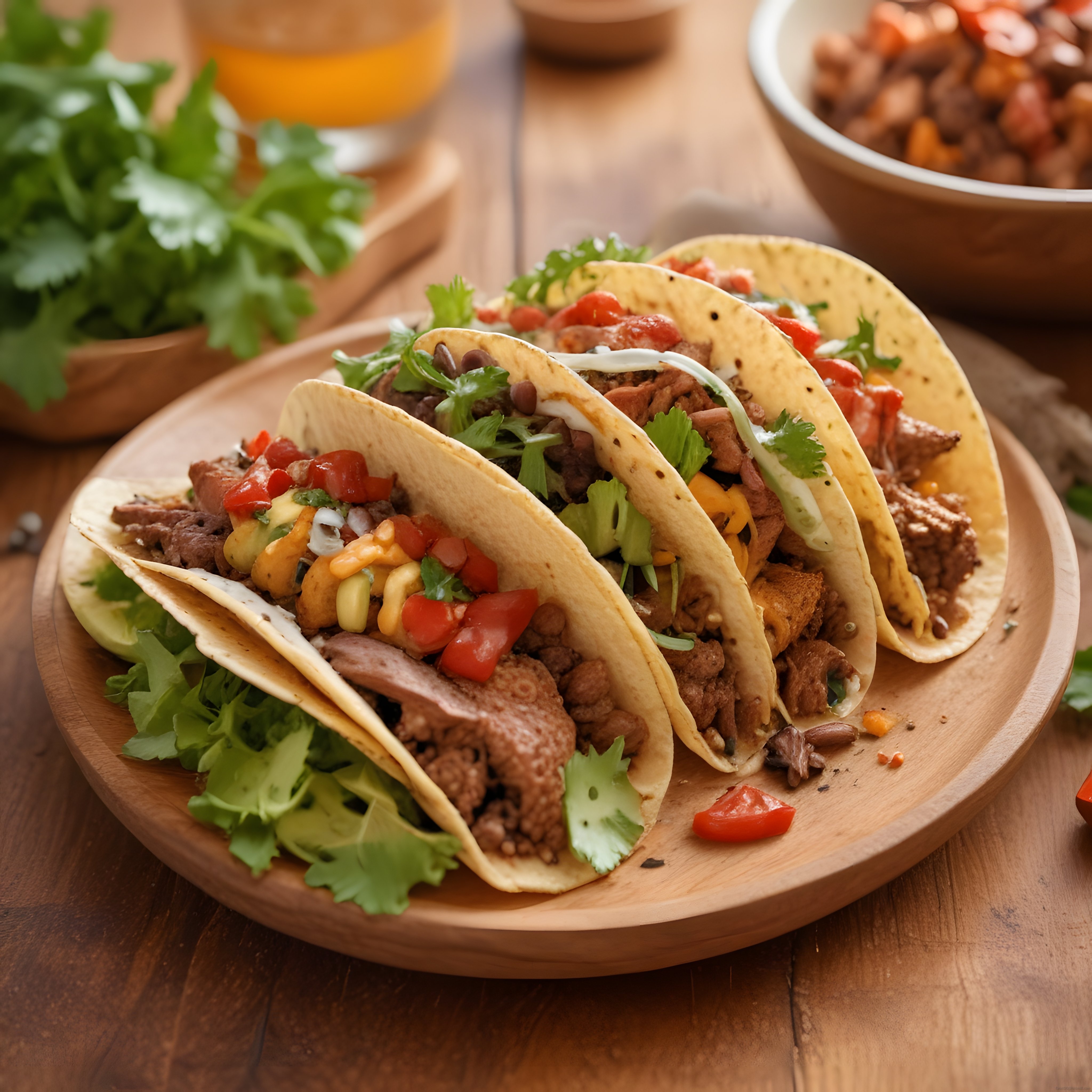 Nefis dana etli ve taze malzemeli Meksika taco sunumu ahşap tabakta