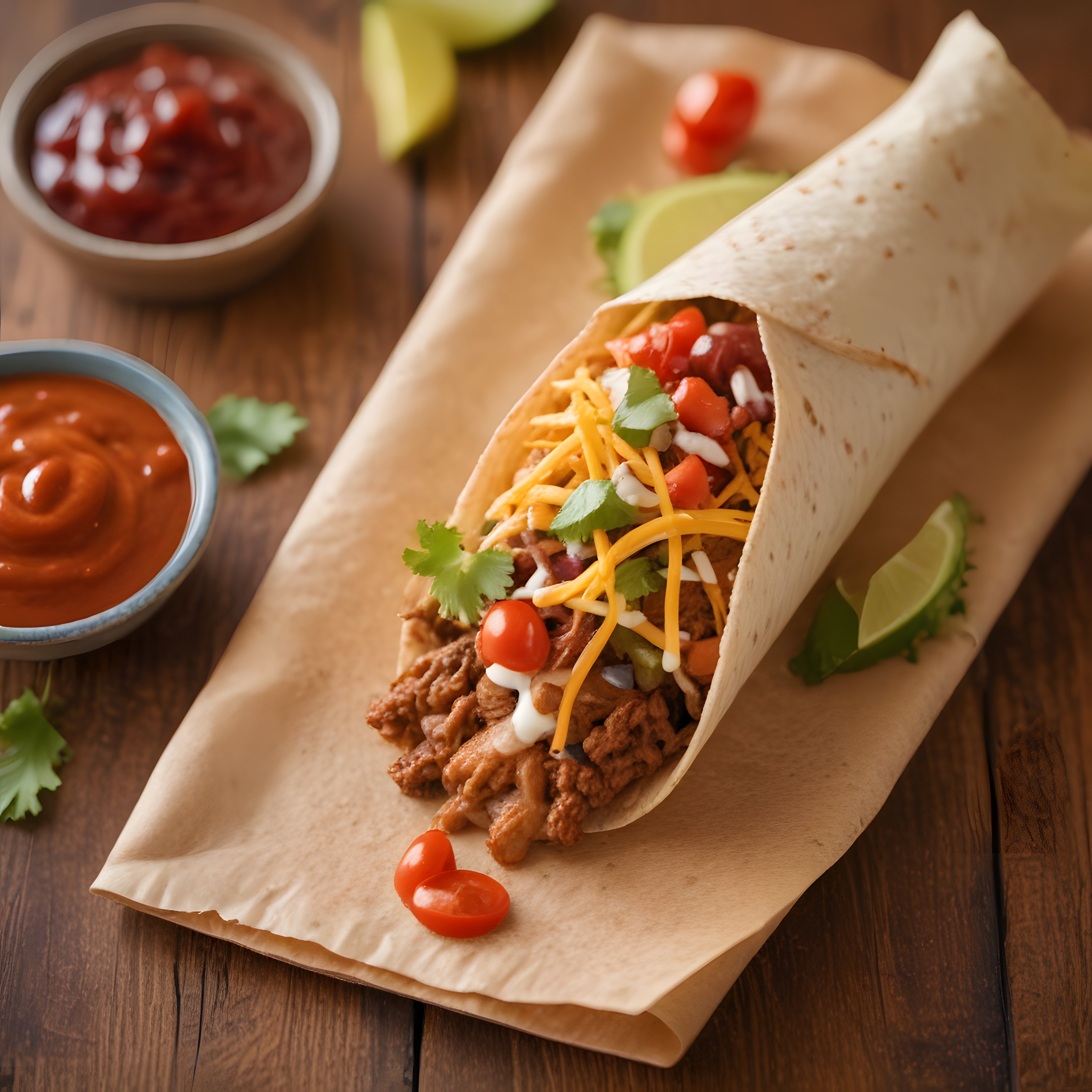 Nefis dürüm kraft kağıt üzerinde salsa sos ve limonla ahşap masada sunuluyor