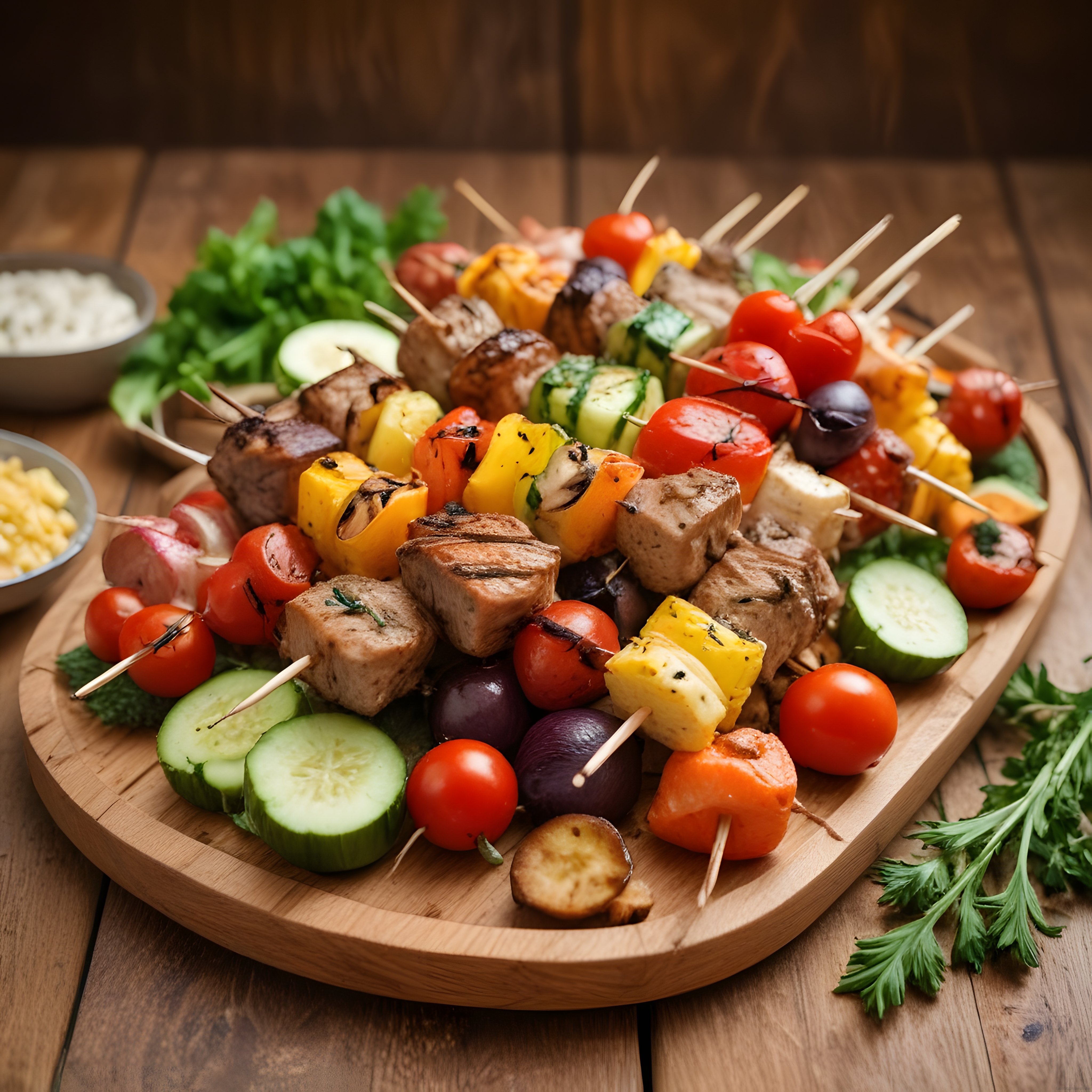 Nefis Et ve Sebze Şişleri, Ahşap Tepsi Üzerinde Şık Barbekü Sunumu