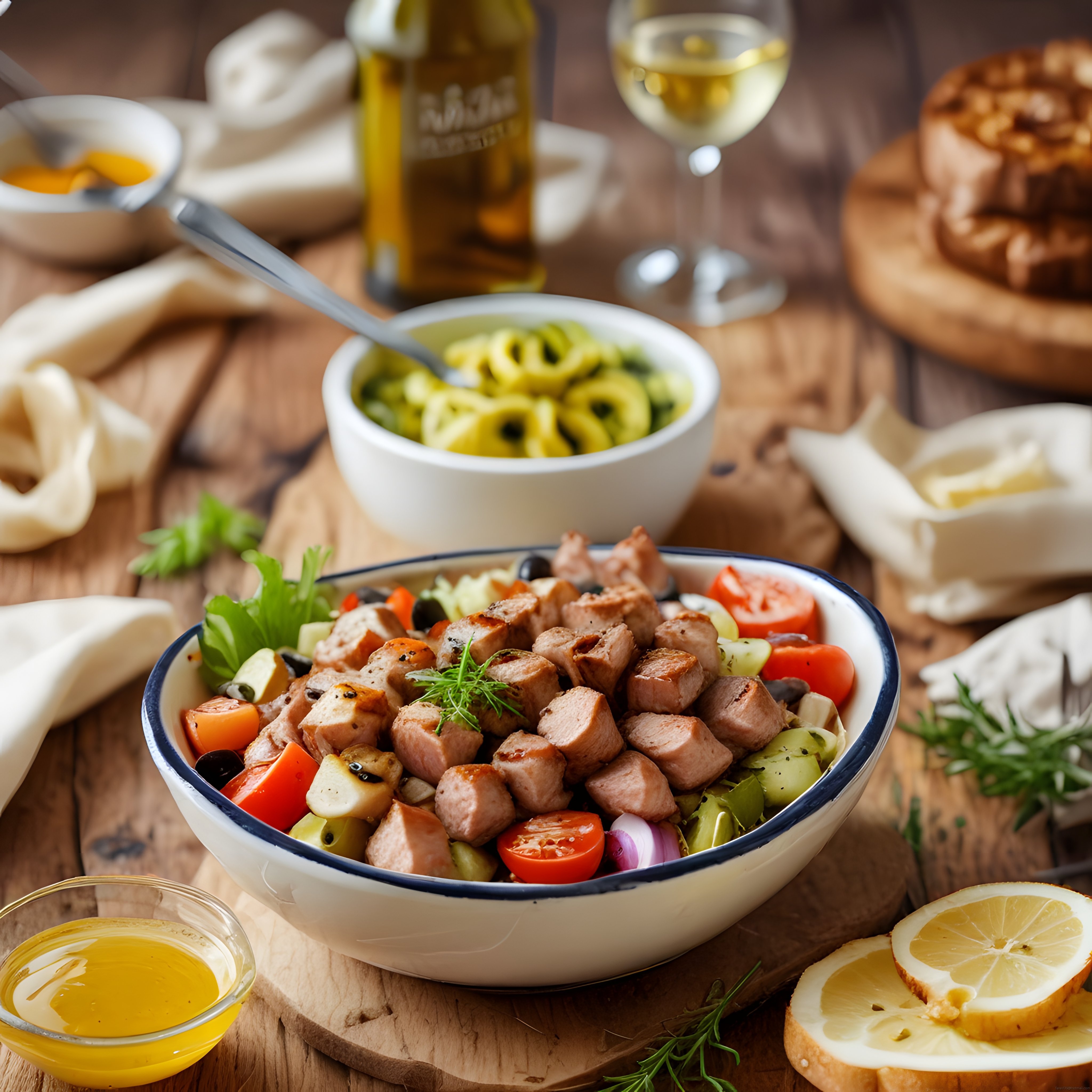 nefis etli salata, zeytinyağı ve ekşi maya ekmeği ile rustik ahşap sofra düzeni