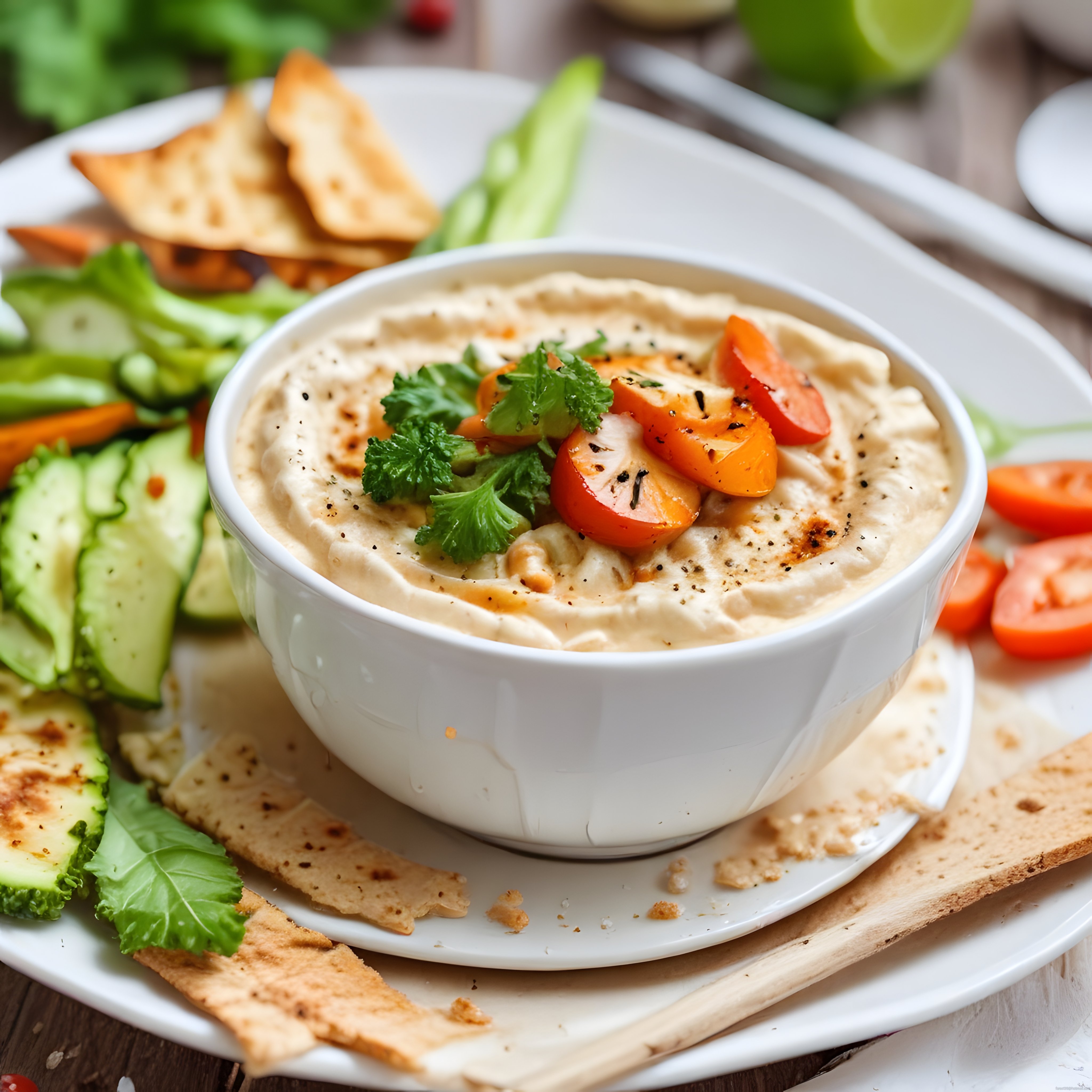 Nefis Ev Yapımı Humus Tarifi: Taze Sebzeler ve Kıtır Ekmeklerle Sunum