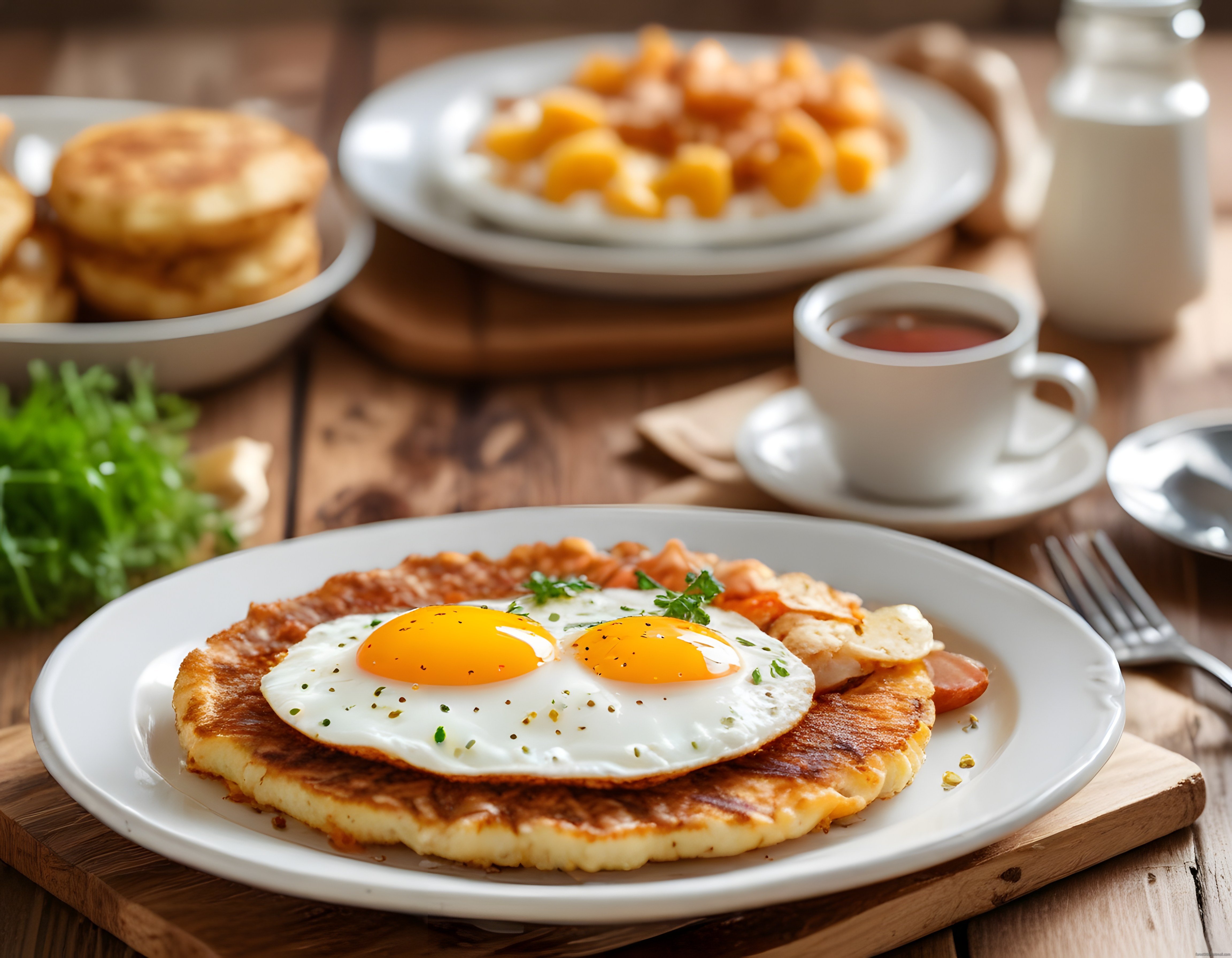 Nefis Göz Yumurtalı Patatesli Krep ile Sıcacık Kahvaltı Masası