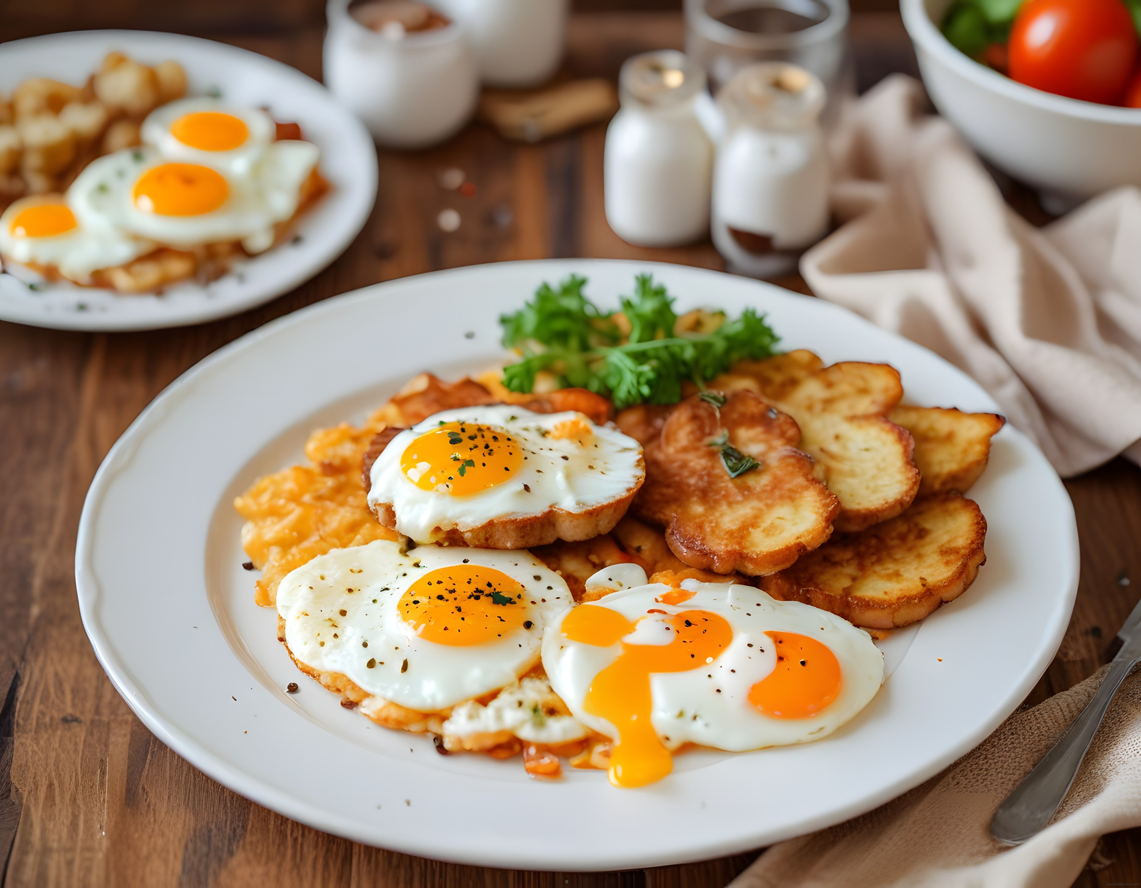 Nefis Güneşte Yumurta ve Kızarmış Patatesli Sıcak Kahvaltı Tabağı