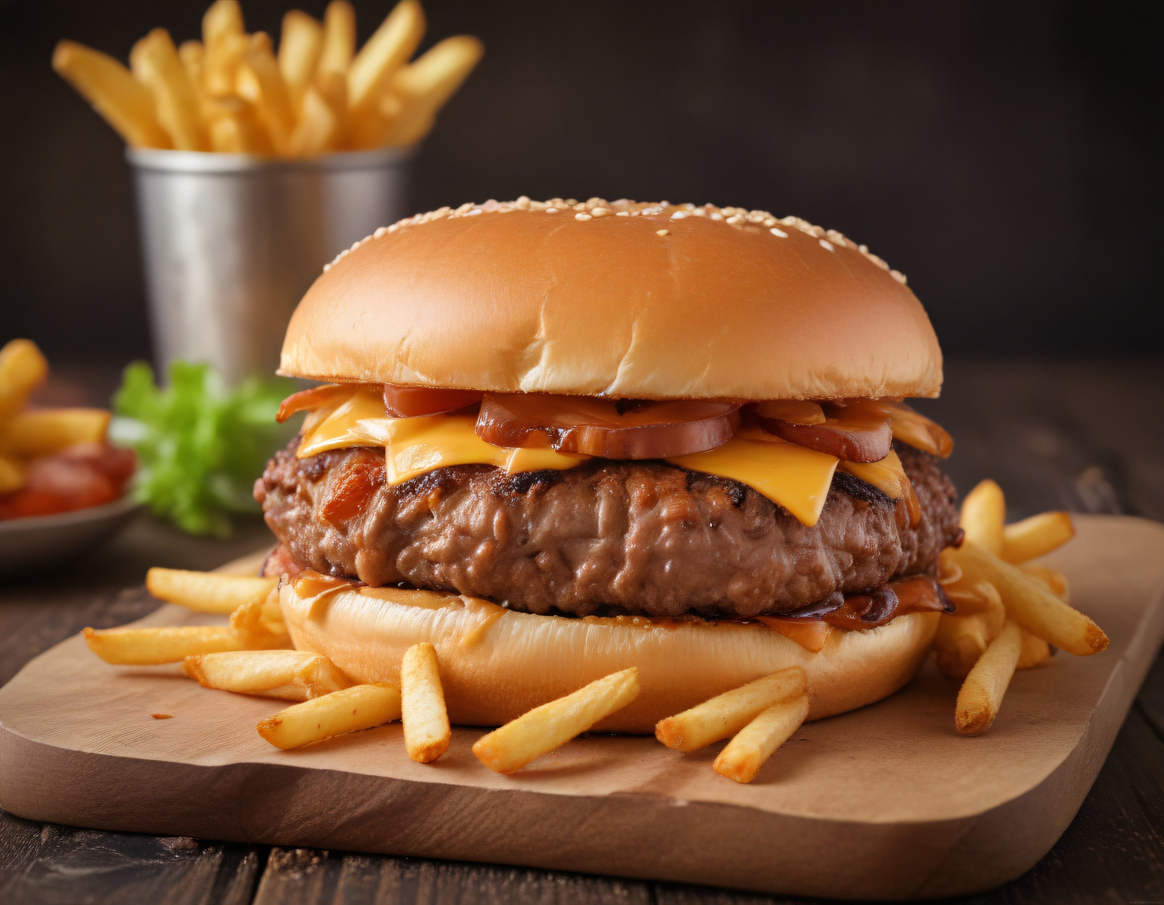 Nefis Izgara Köfteli Cheddarlı Hamburger ve Patates Kızartması Sunumu