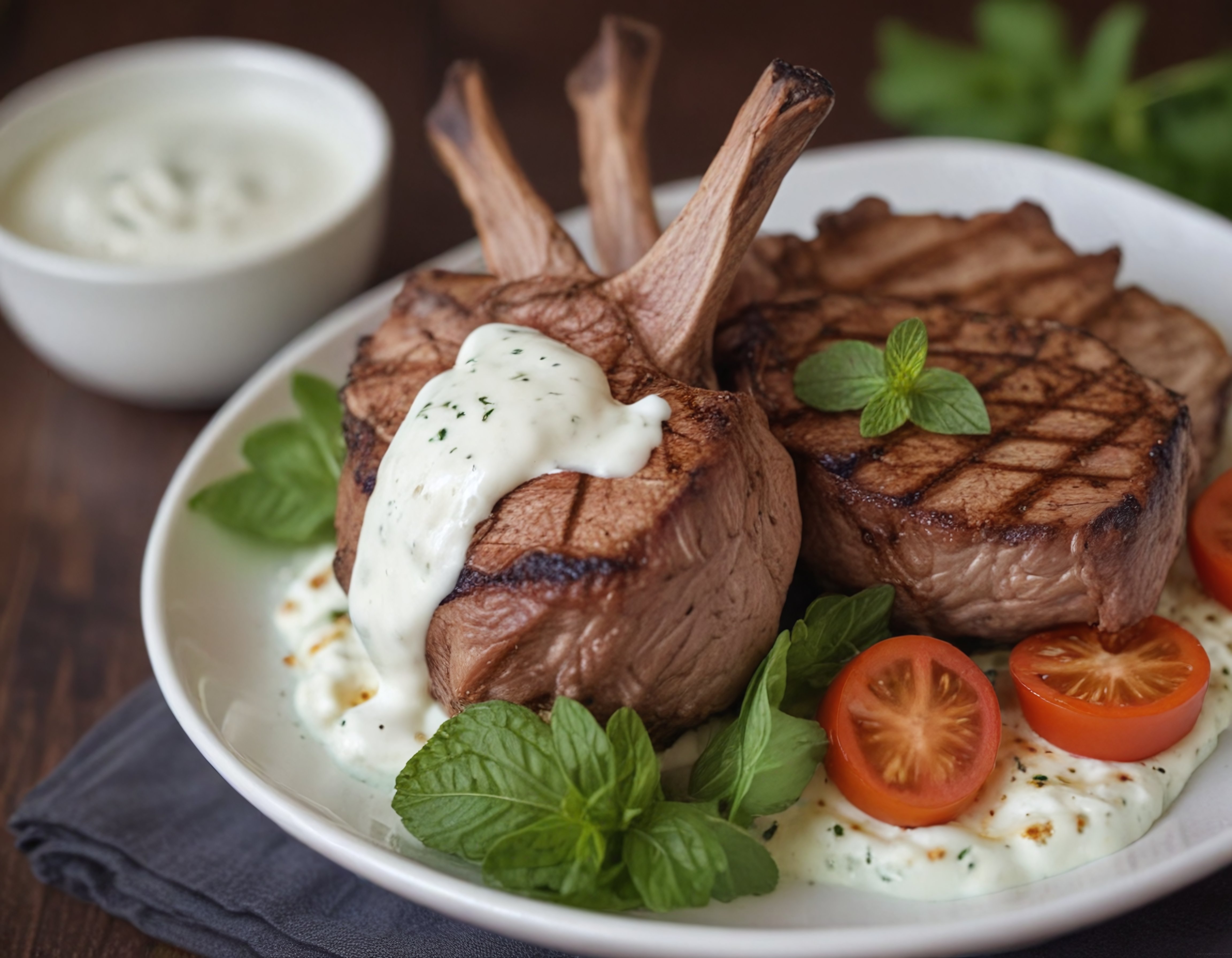 Nefis Izgara Kuzu Pirzola ve Taze Nane Soslu Elegan Yemek Sunumu
