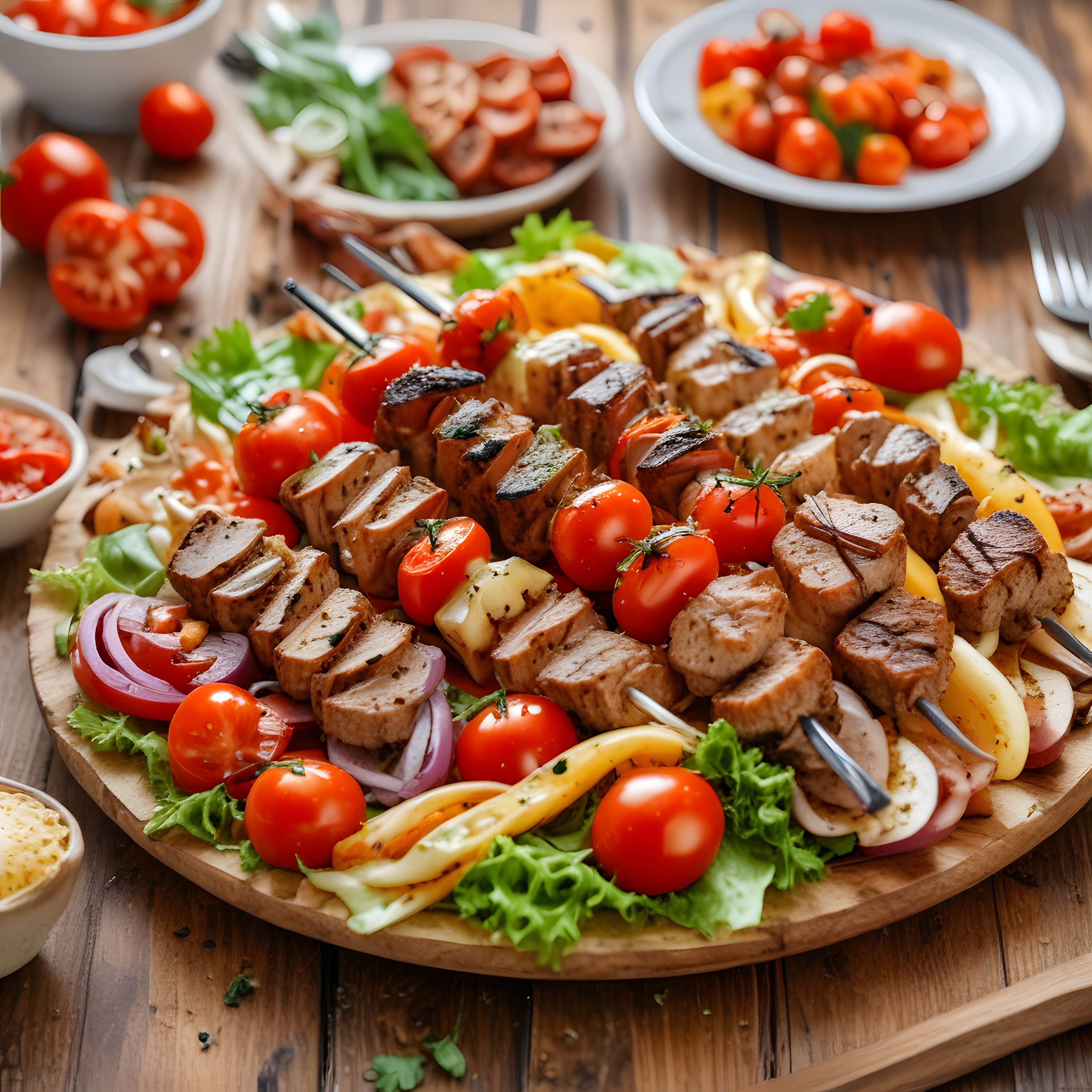 Nefis Izgara Şiş Kebap: Domates, Biber ve Mantarlı Ahşap Sunum Tahtası