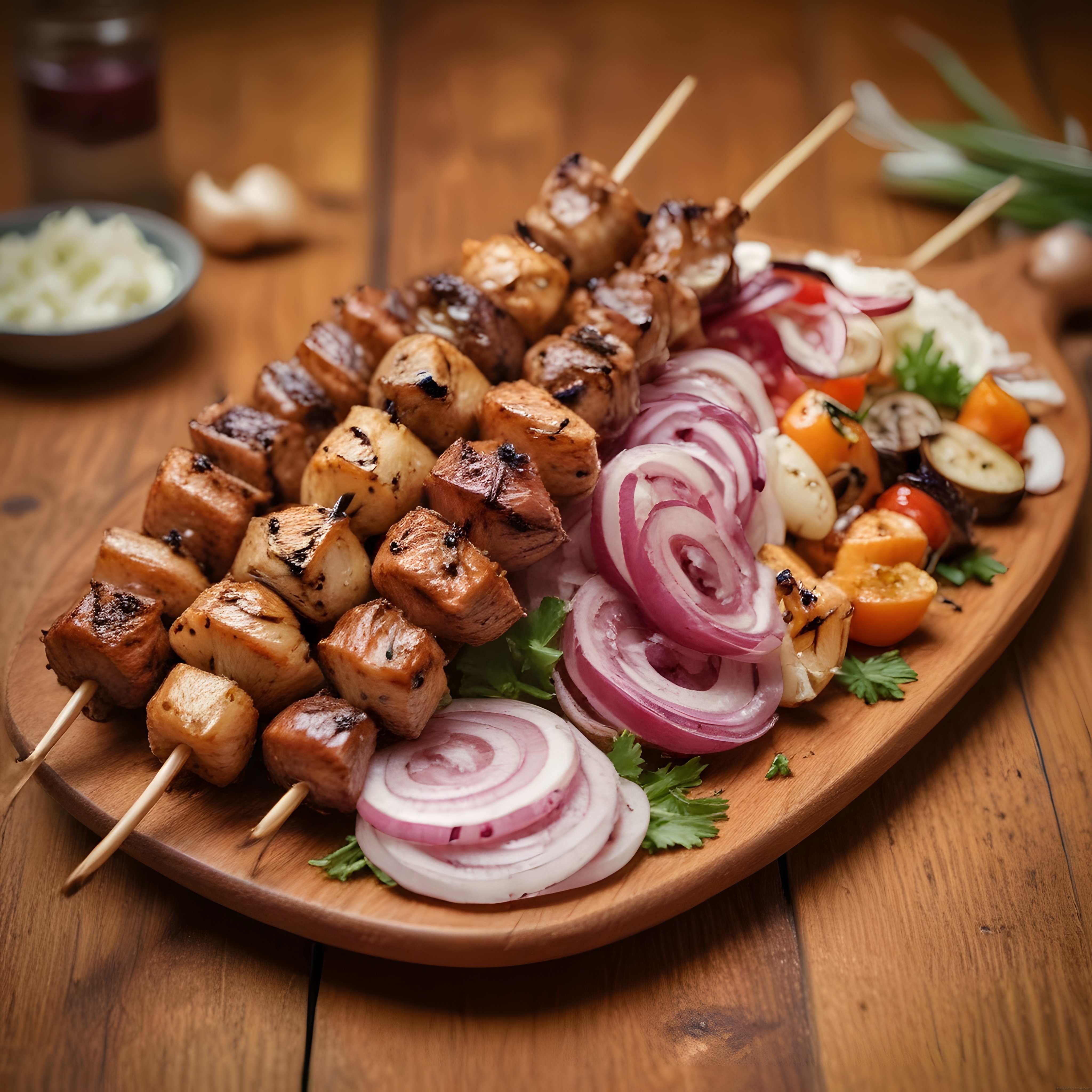 Nefis Izgara Şiş Kebap ve Közlenmiş Sebzelerle Dolu Ahşap Sunum
