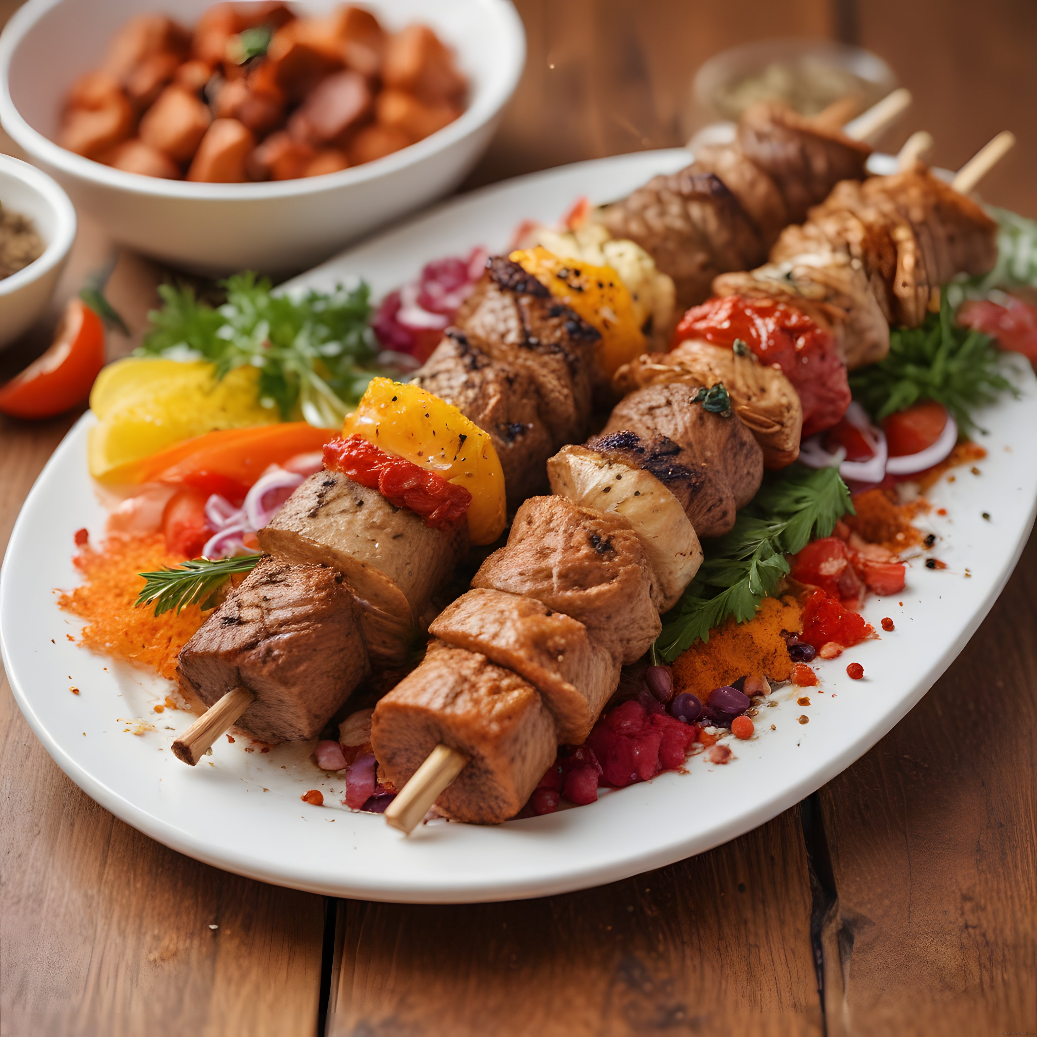 Nefis Izgara Şiş Kebap ve Renkli Sebzelerle Süslenmiş Rustik Sunum Tabağı