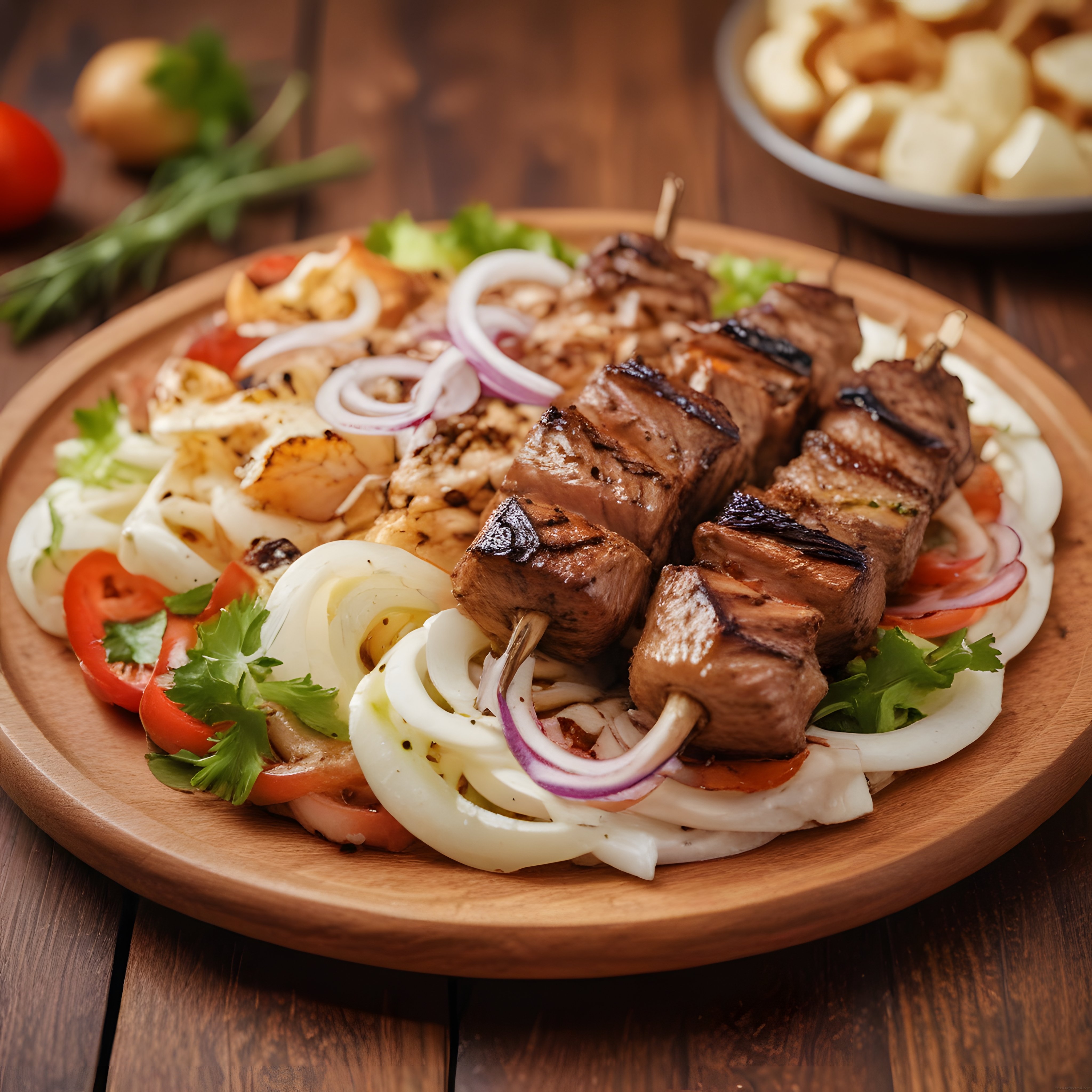 Nefis ızgara şiş kebap ve taze sebze garnitürüyle rustik bir sofra sunumu