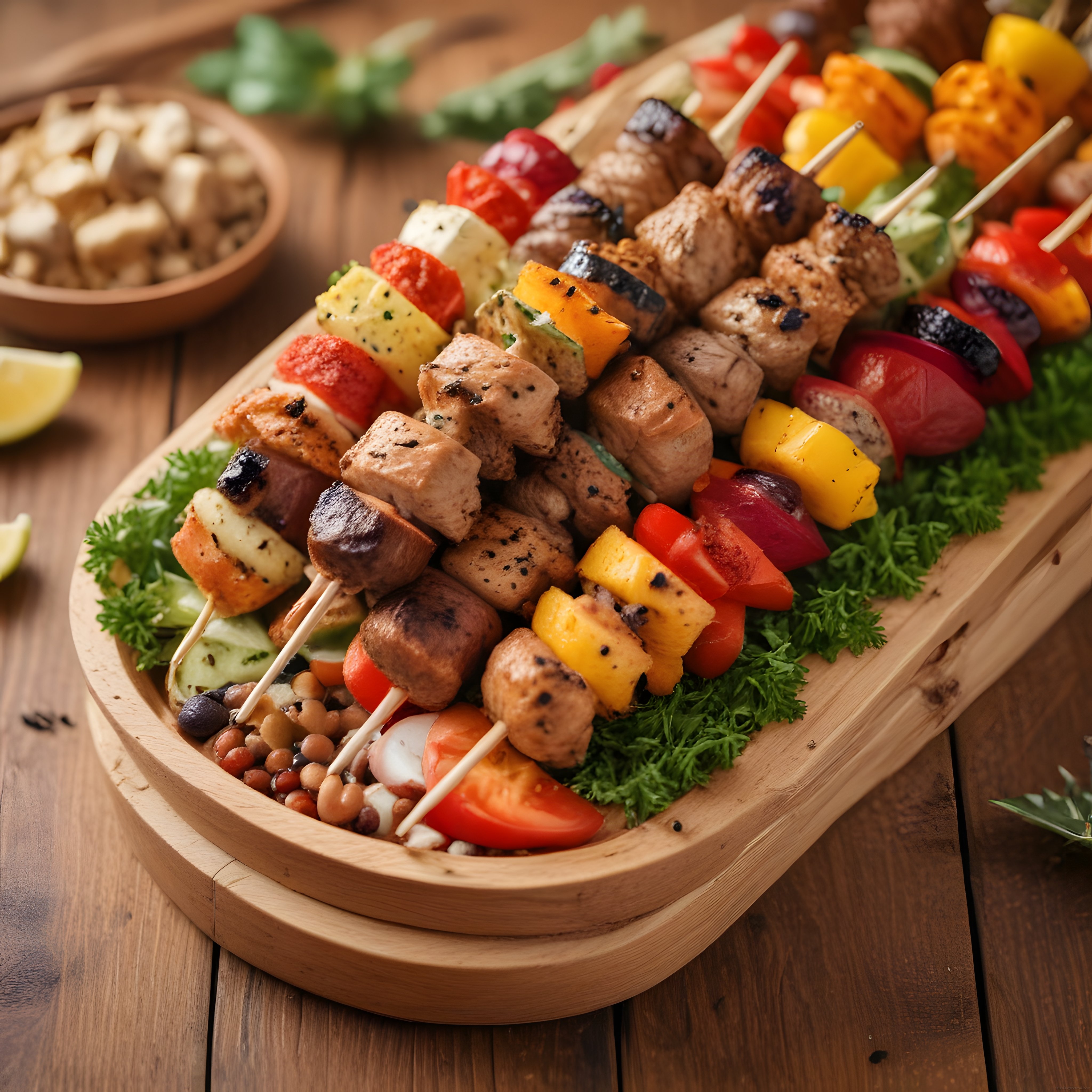 Nefis Izgara Tavuk Şiş Kebap: Renkli Sebzeli Ahşap Sunum Tahtası