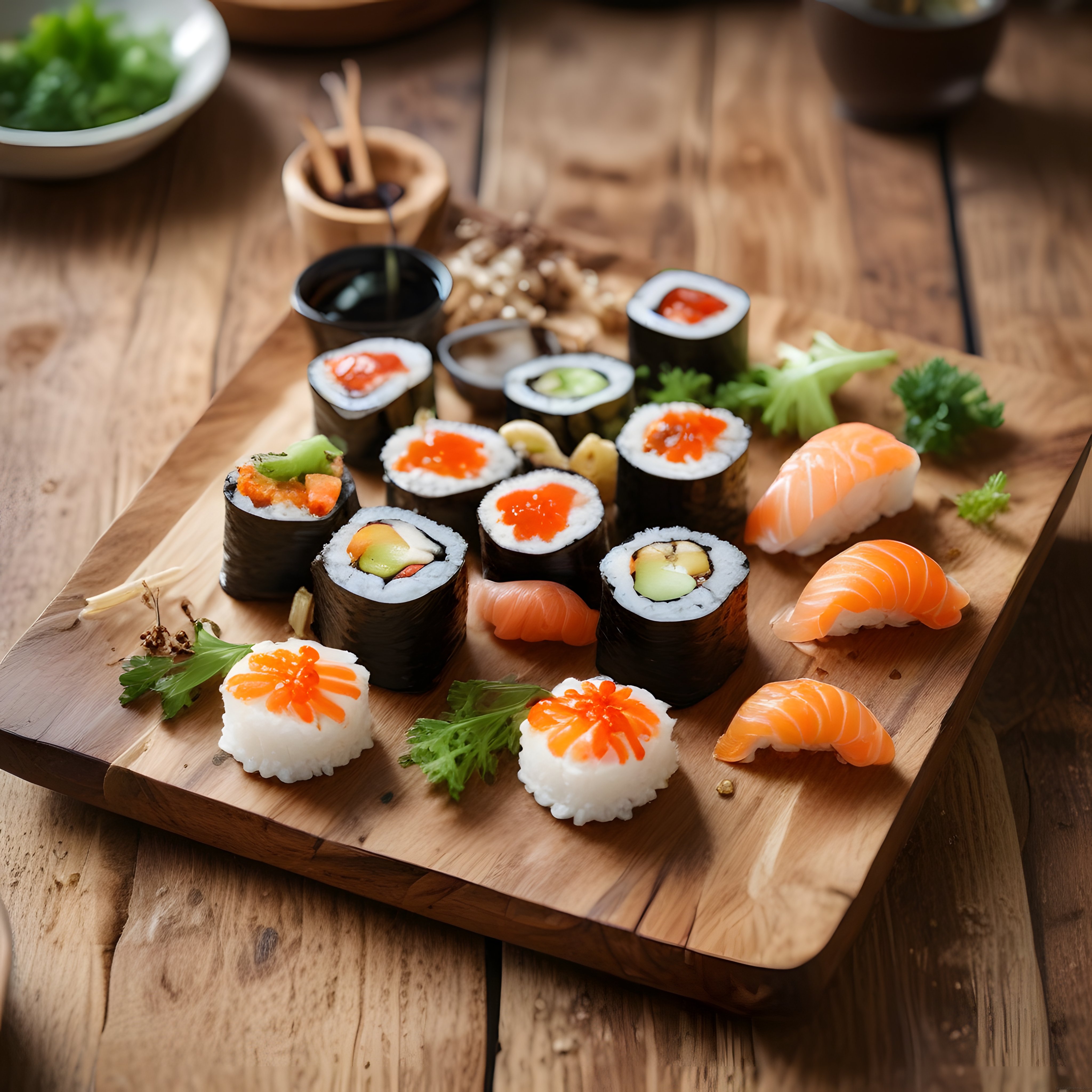 Nefis Japon Lezzetleri: Ahşap Tahtada Çeşitli Sushi ve Nigiri Sunumu
