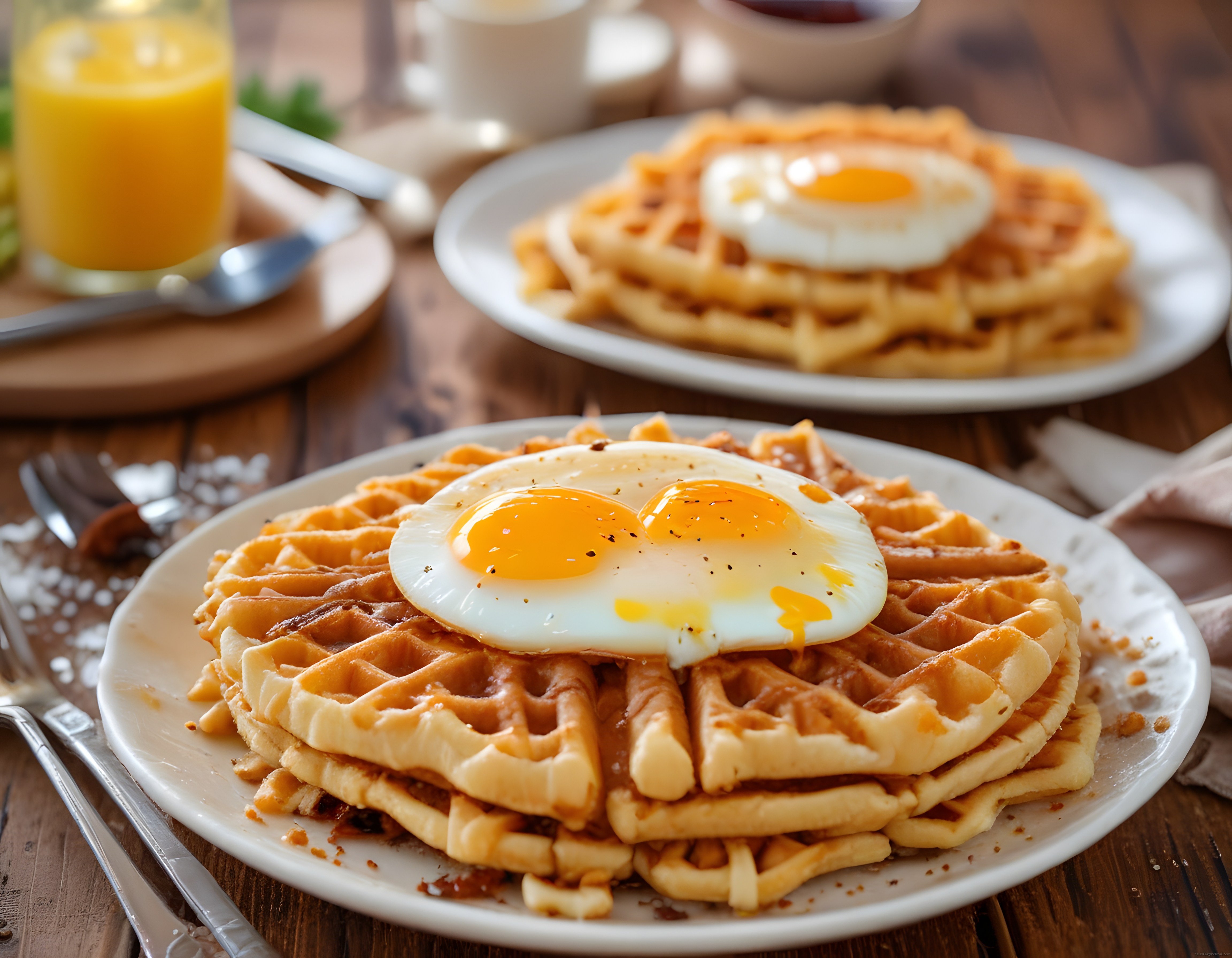 Nefis kahvaltı sofrası: üzerinde kızarmış yumurtalar bulunan çıtır waffle tabağı