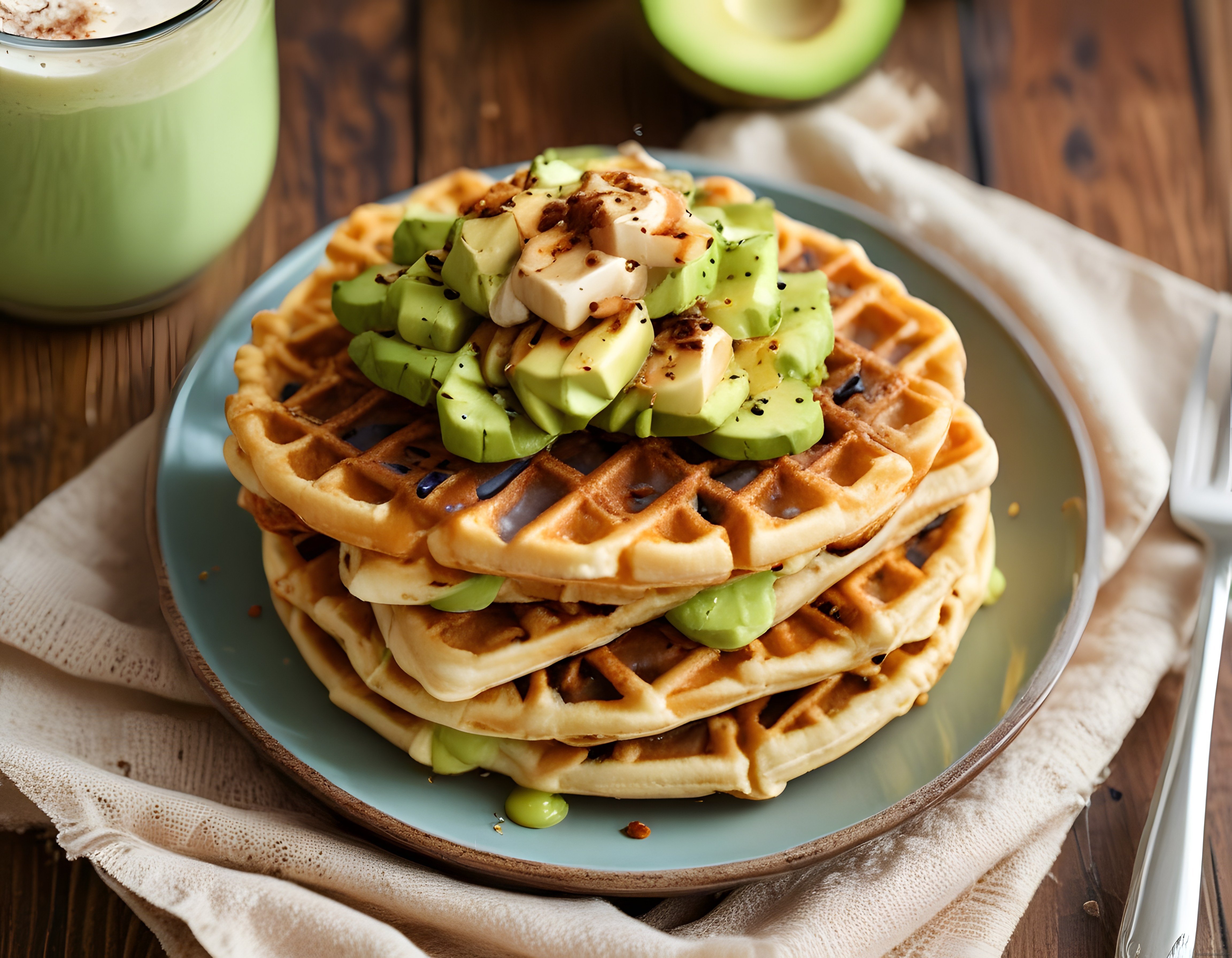 Nefis Kahvaltılık Avokadolu Waffle Kulesi ve Taze Yeşil Smoothie Sunumu