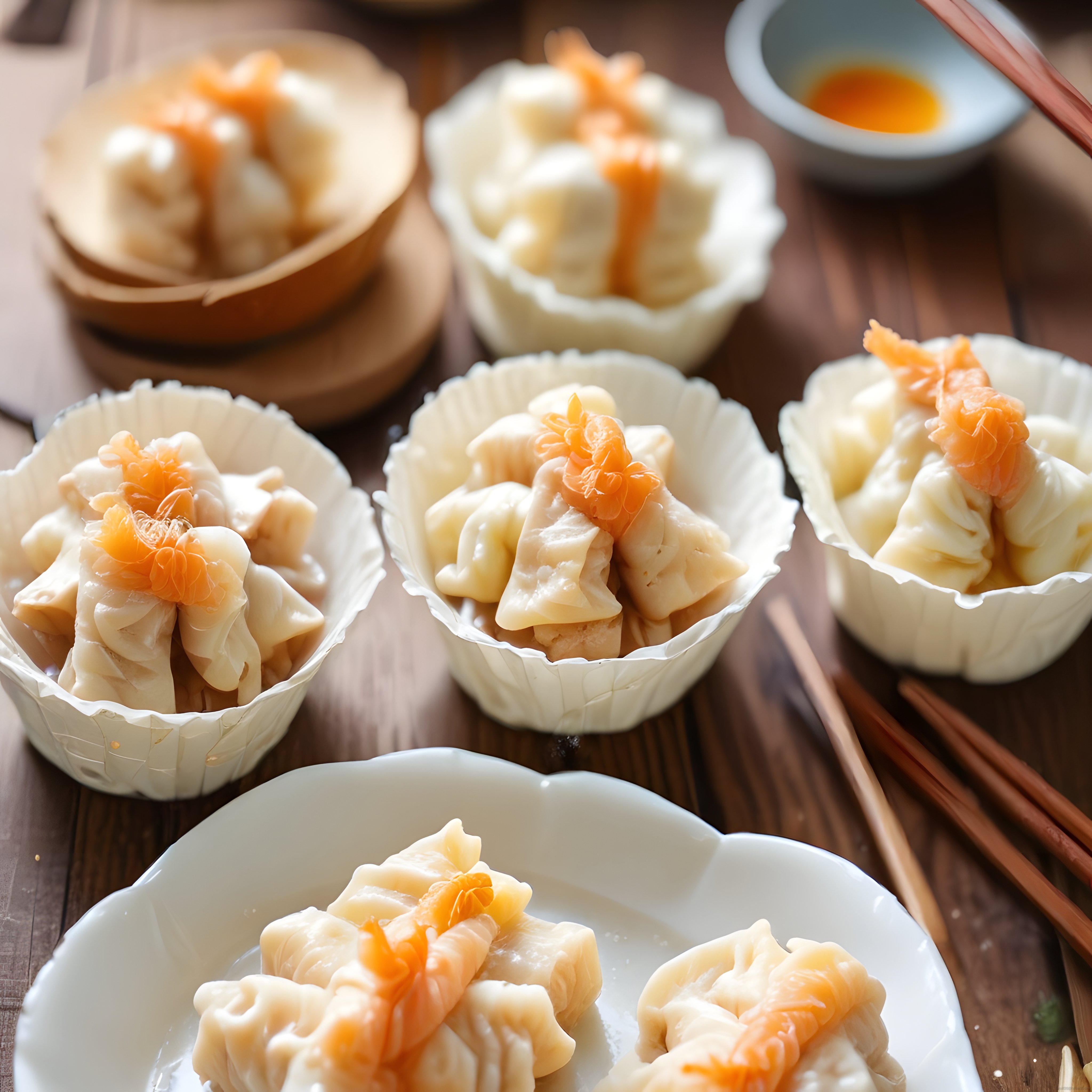 Nefis karidesli dim sum mantıları, geleneksel sunum ve baharatlı sos eşliğinde