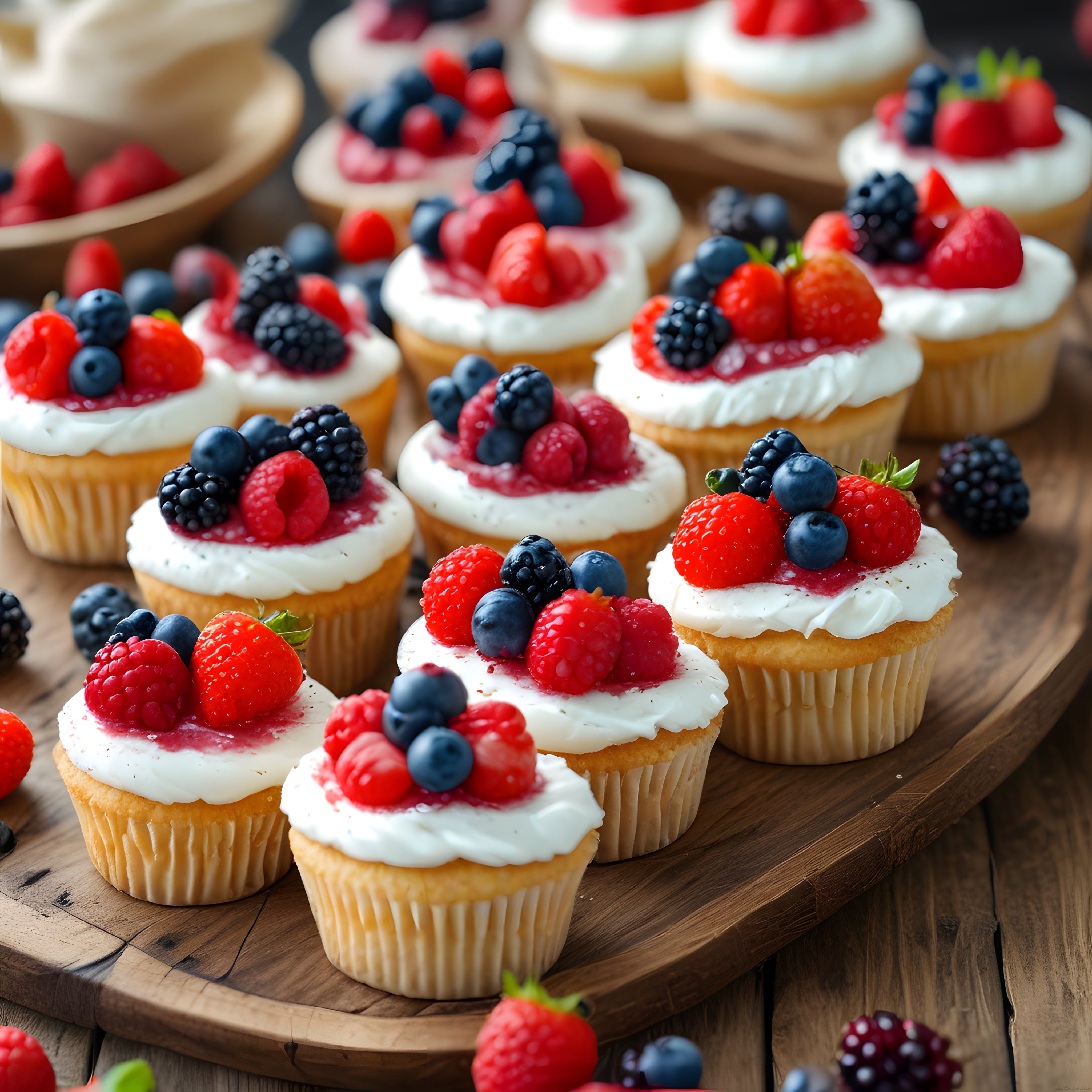 Nefis Kremalı Cupcake'ler Üzerinde Taze Çilek Ahududu ve Yaban Mersini Süslemesi