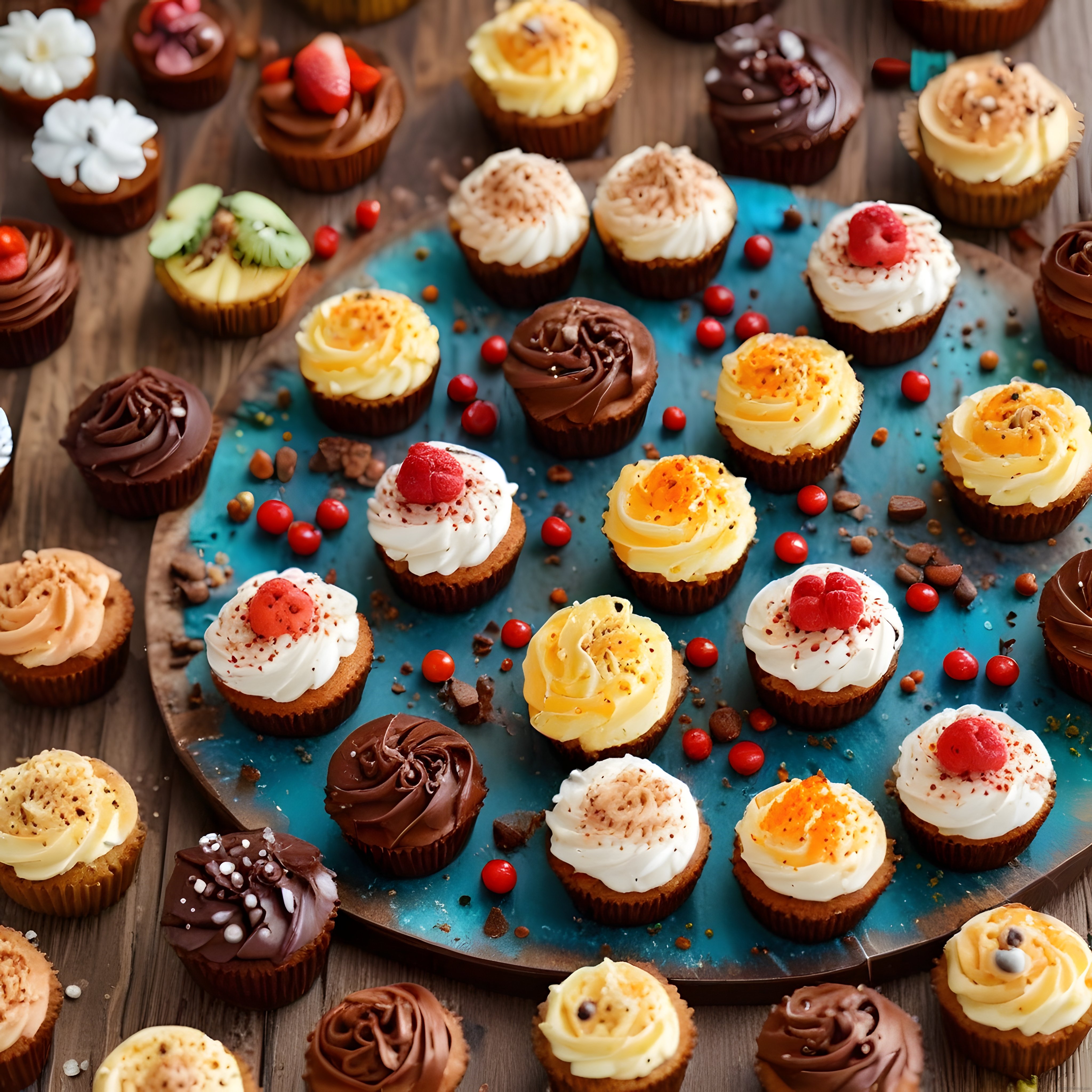 Nefis Kremalı Cupcakelerden Oluşan Renkli Tatlı Sunum Tahtası