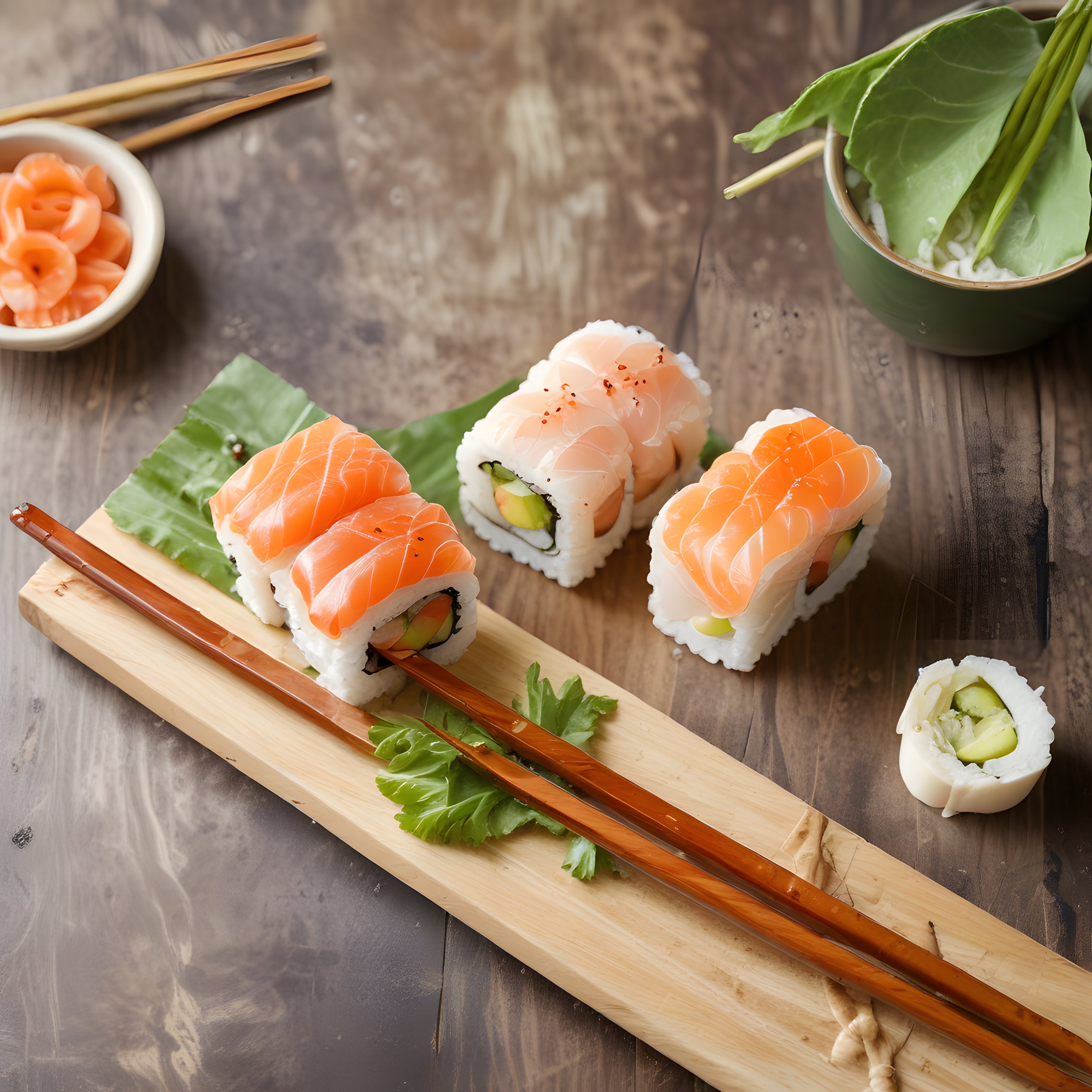 Nefis Somonlu ve Karidesli Sushi Çeşitleri Ahşap Sunum Tahtasında