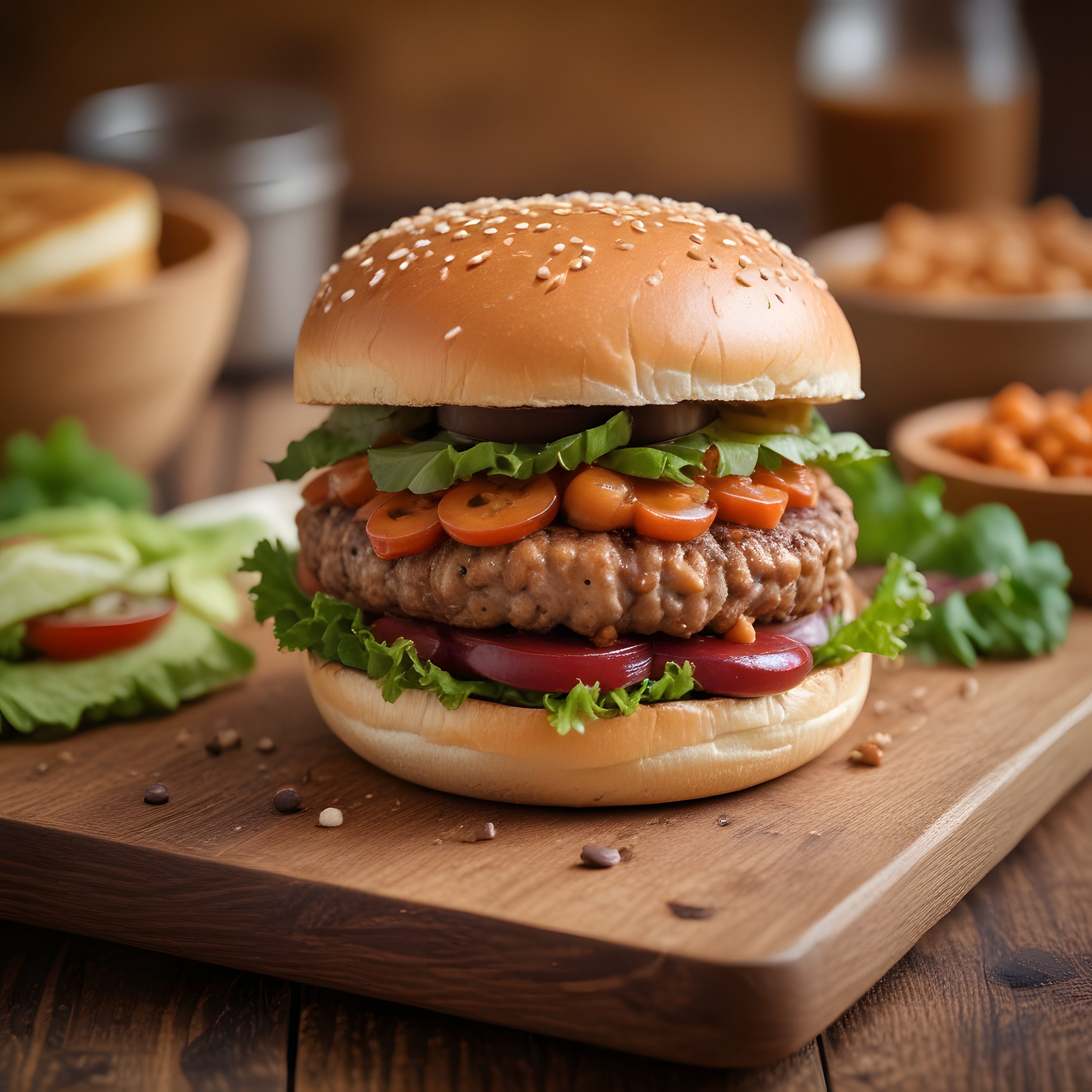 Nefis susamlı hamburger ekmeği arasında ızgara dana köftesi ve taze sebzeler
