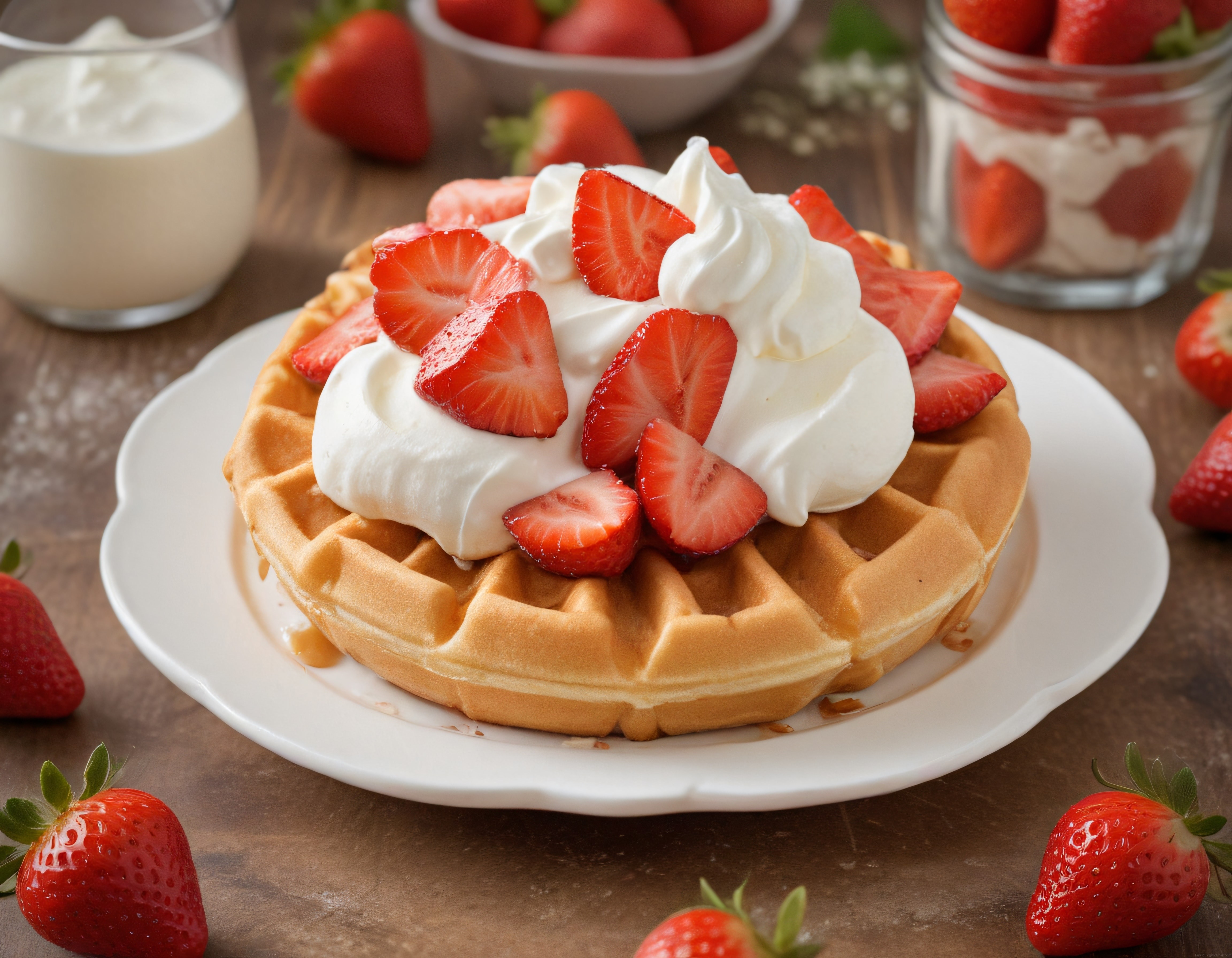 Nefis Taze Çilek ve Krem Şantili Sıcacık Ev Yapımı Waffle Sunumu