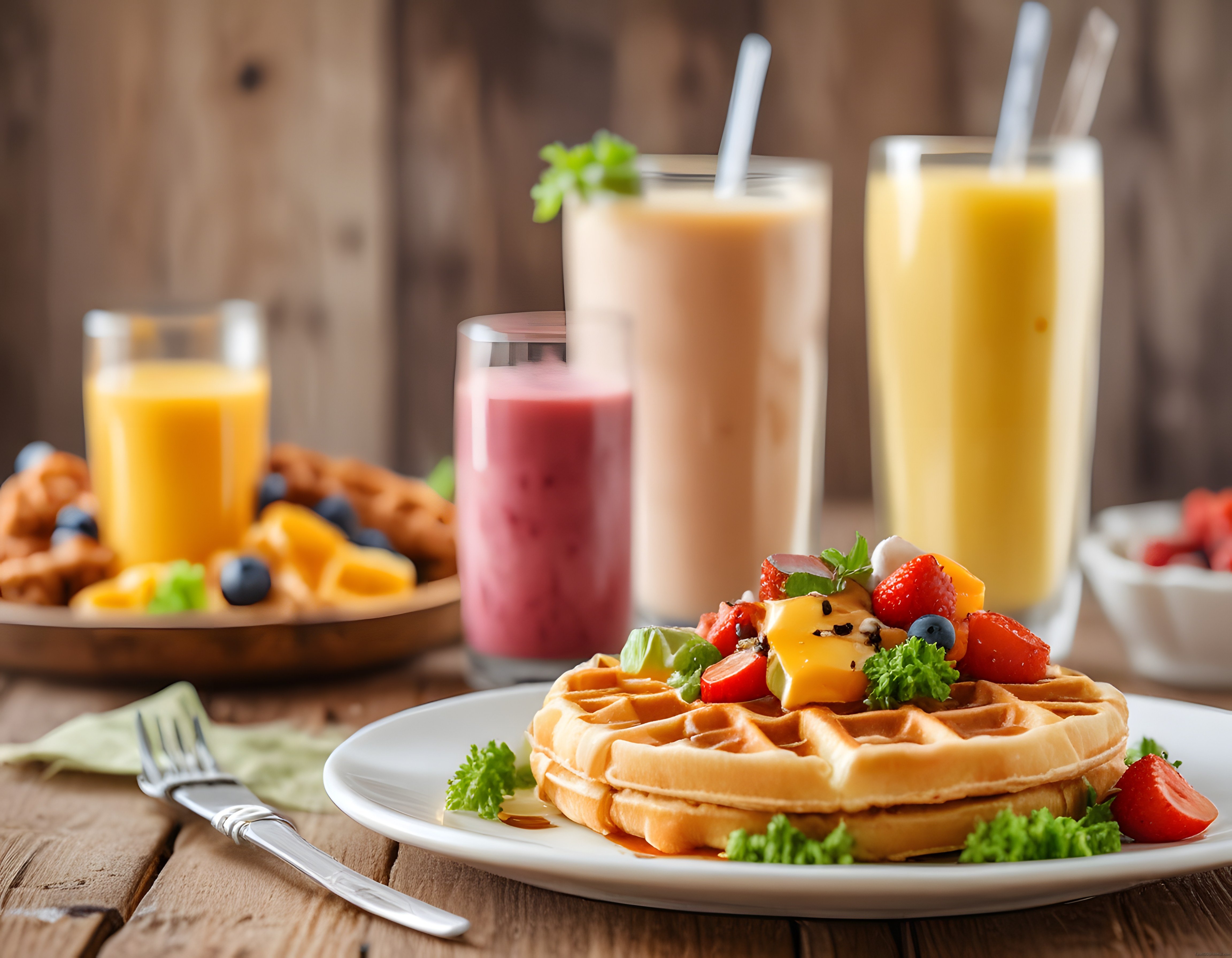 Nefis Waffle ve Renkli Smoothielerle Donatılmış Sıcacık Bir Kahvaltı Masası