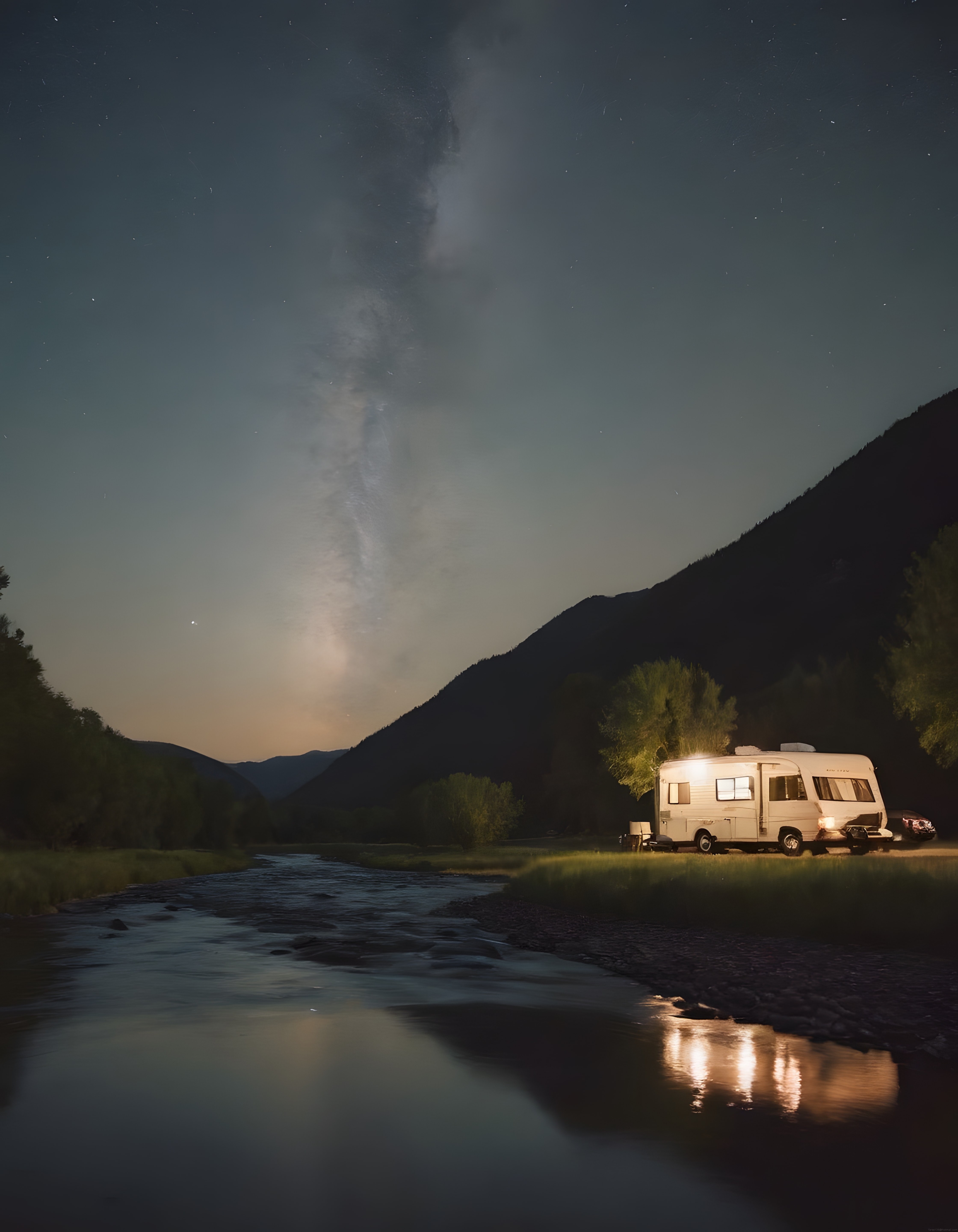 Nehir Kıyısında Samanyolu Altında Işıklı Karavan ve Kamp Keyfi