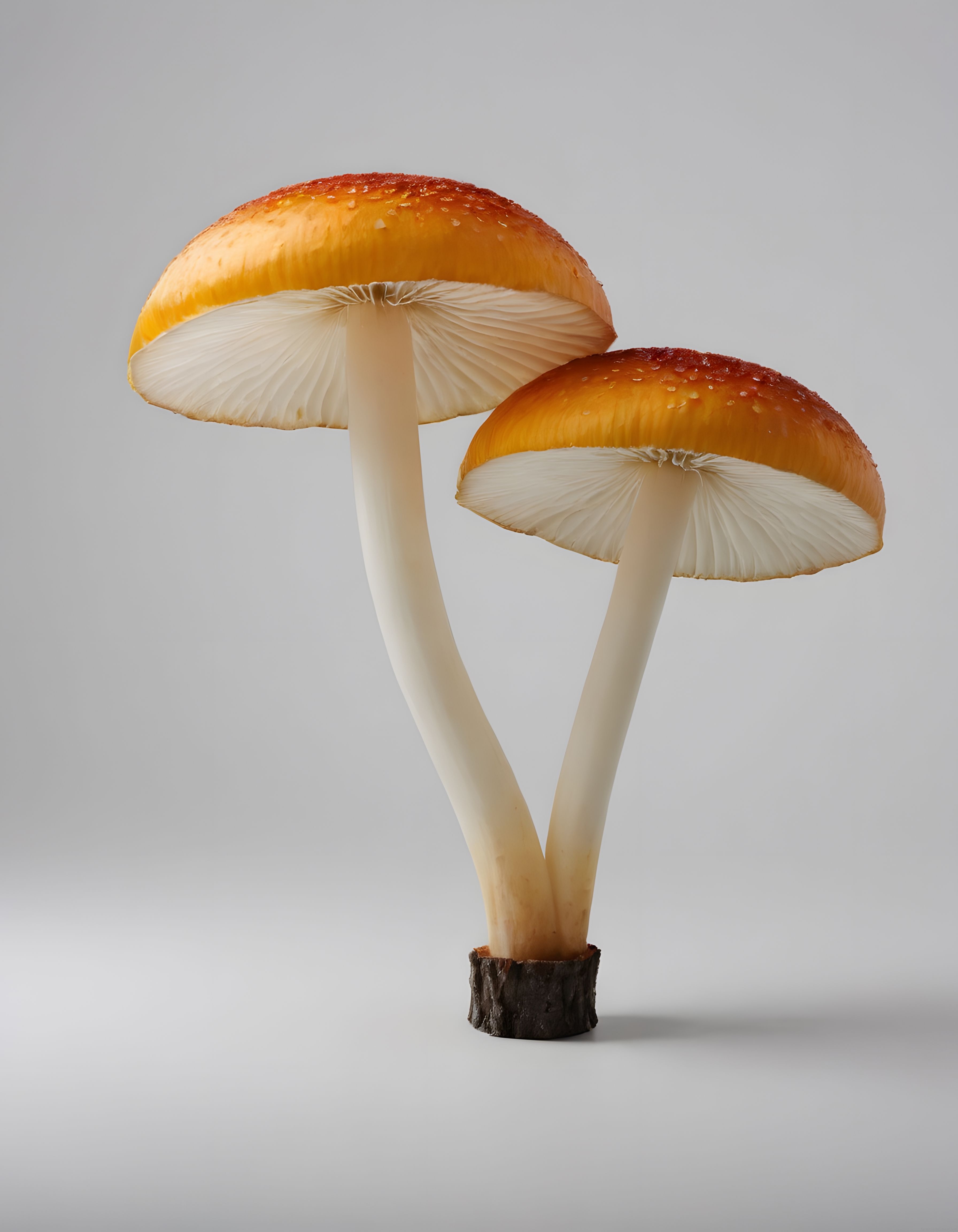 Nemli Görünümlü Turuncu Şapkalı İki Mantarın Minimalist Stüdyo Çekimi
