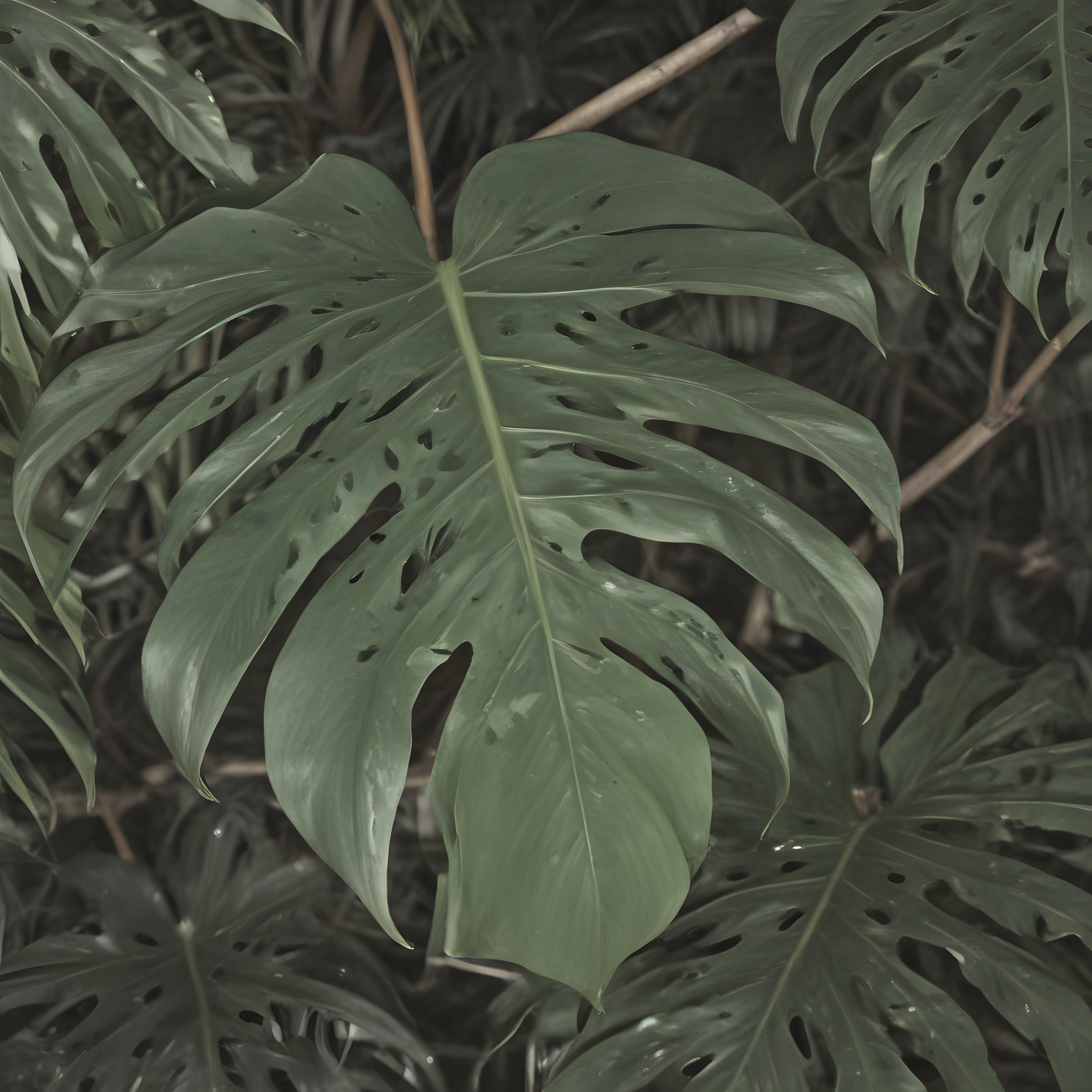 Nemli Tropikal Ormanda Büyük Monstera Yaprağı Yakın Çekim Doğa Fotoğrafı