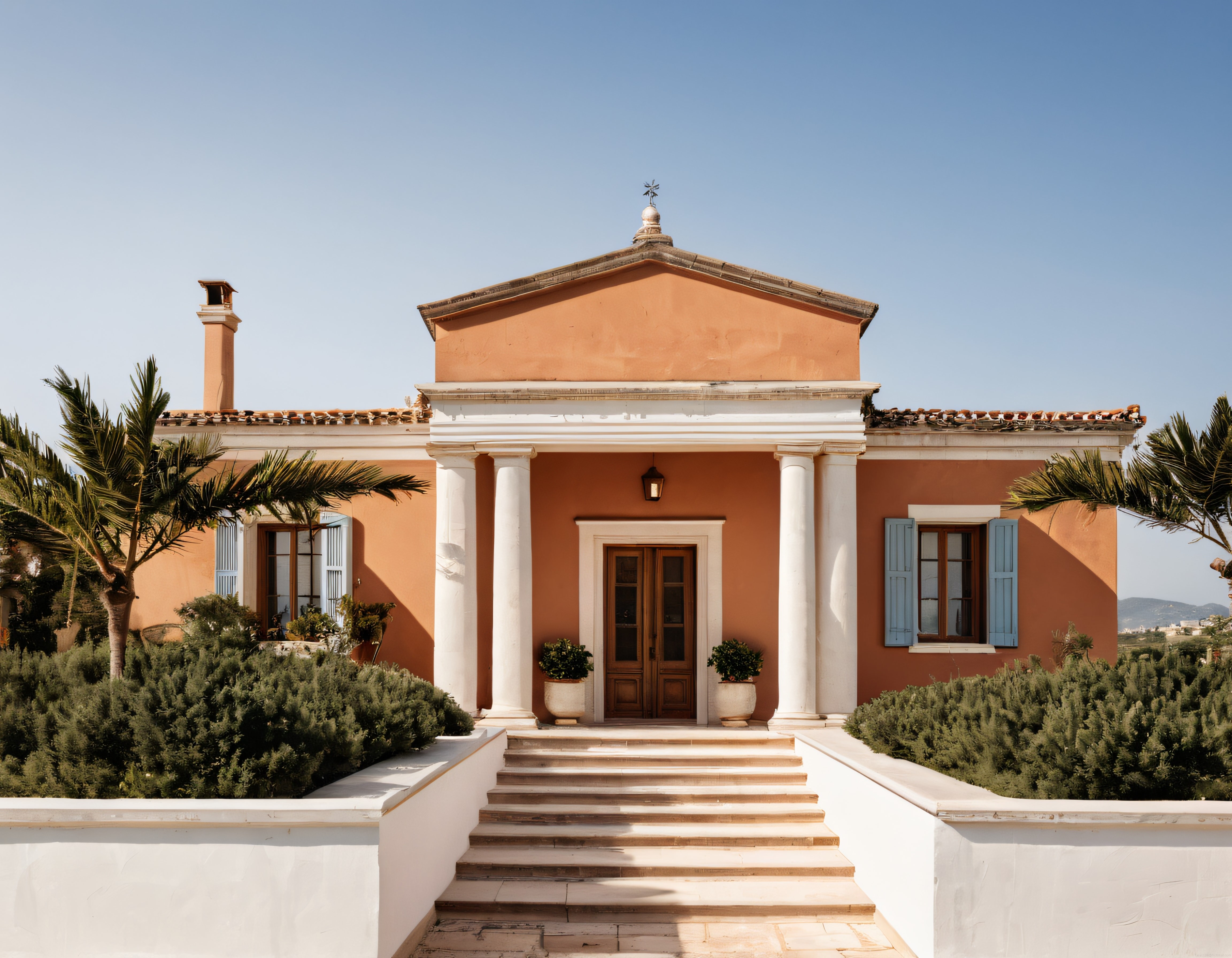 Neoklasik sütunlu Akdeniz villa cephesi ve bahçe düzenlemesi, lüks konak