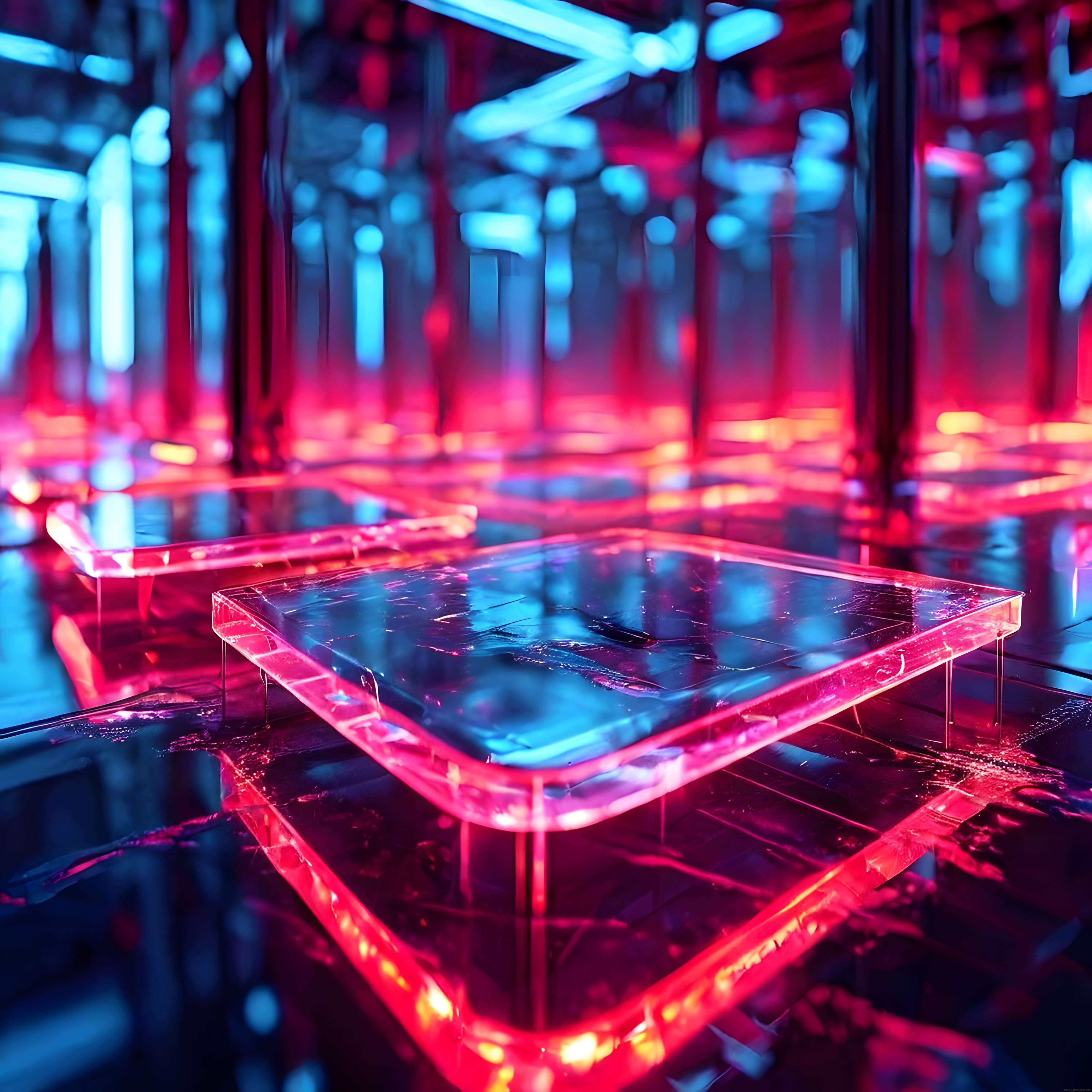 Neon Aydınlatmalı Cam Platform ve Kırmızı Mavi Soyut Orman Görseli