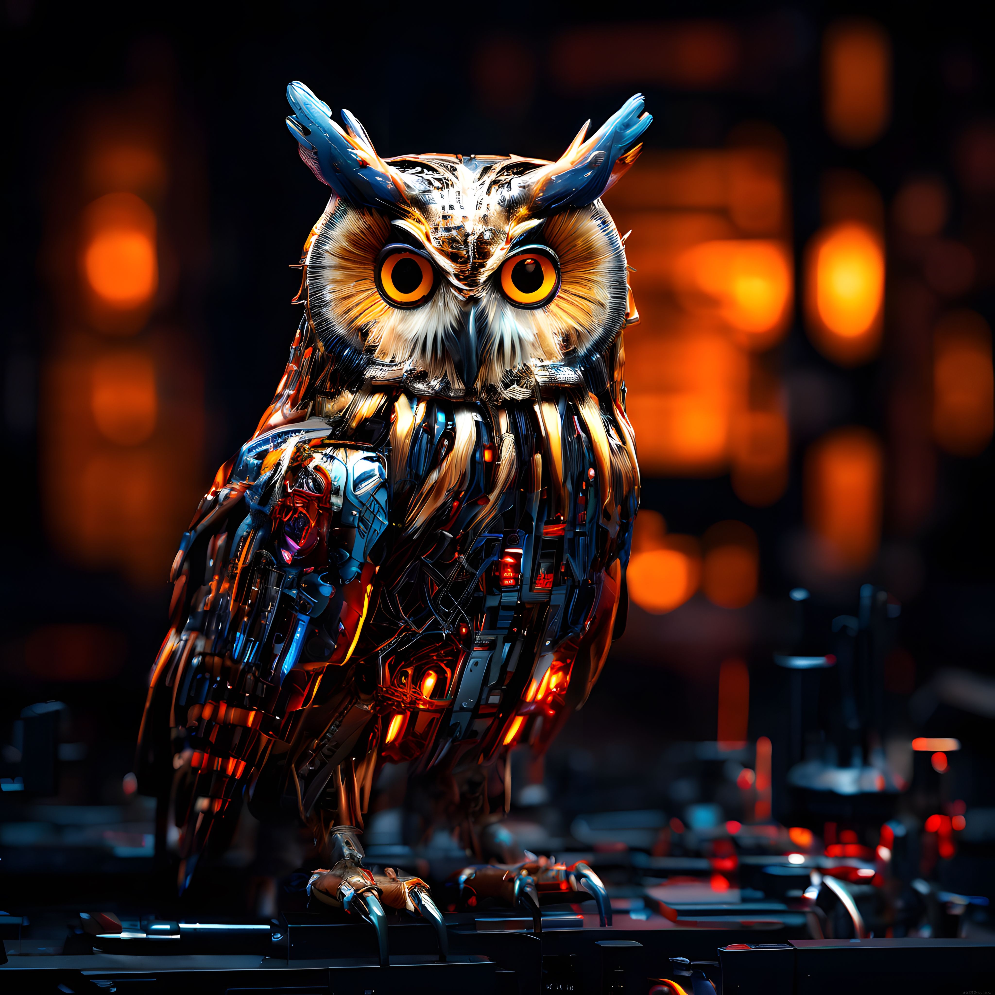 Neon Aydınlatmalı Cyberpunk Mekanik Baykuş Dijital Sanat Çalışması