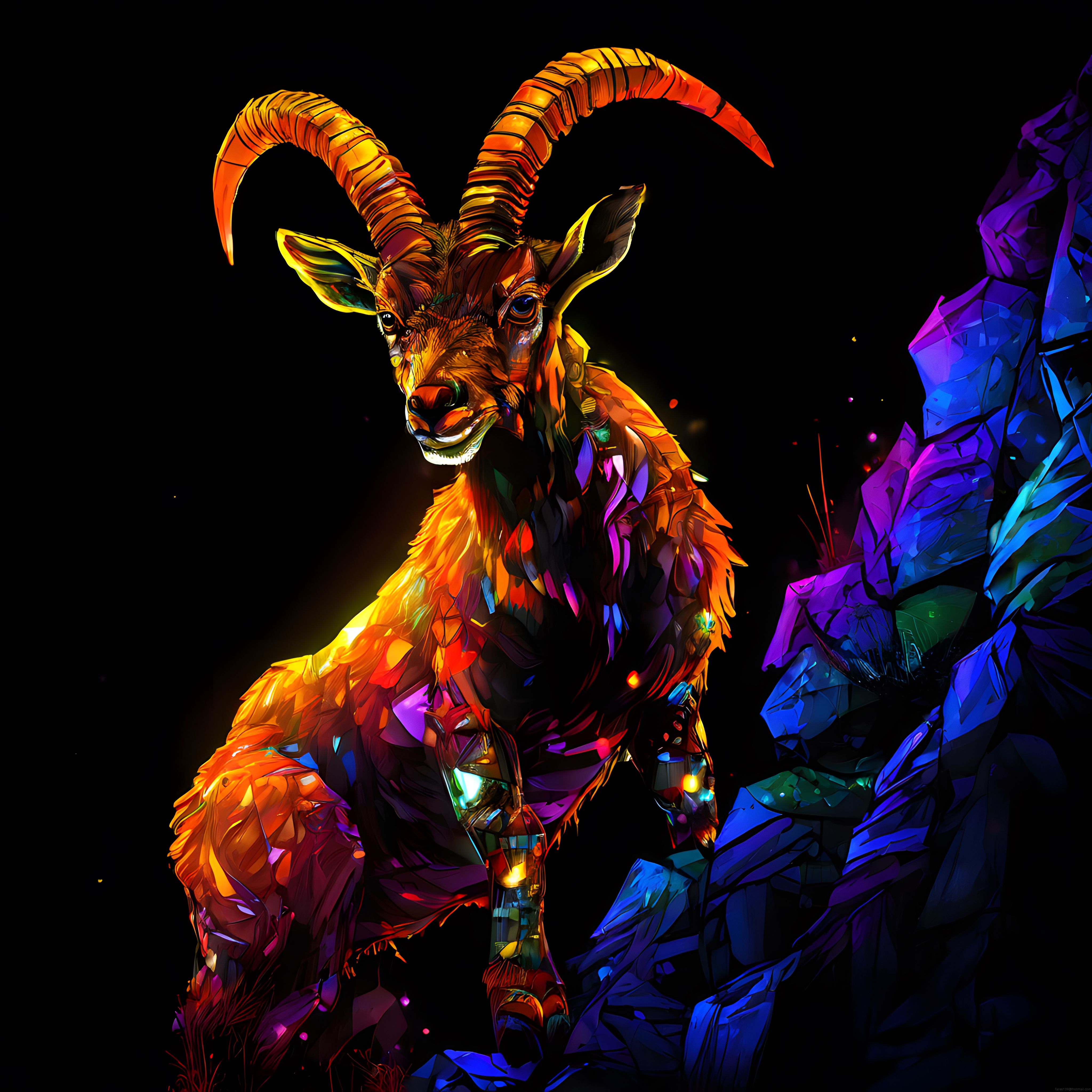 Neon Aydınlatmalı Fantastik Dağ Keçisi Dijital İllüstrasyon ve Konsept Sanat