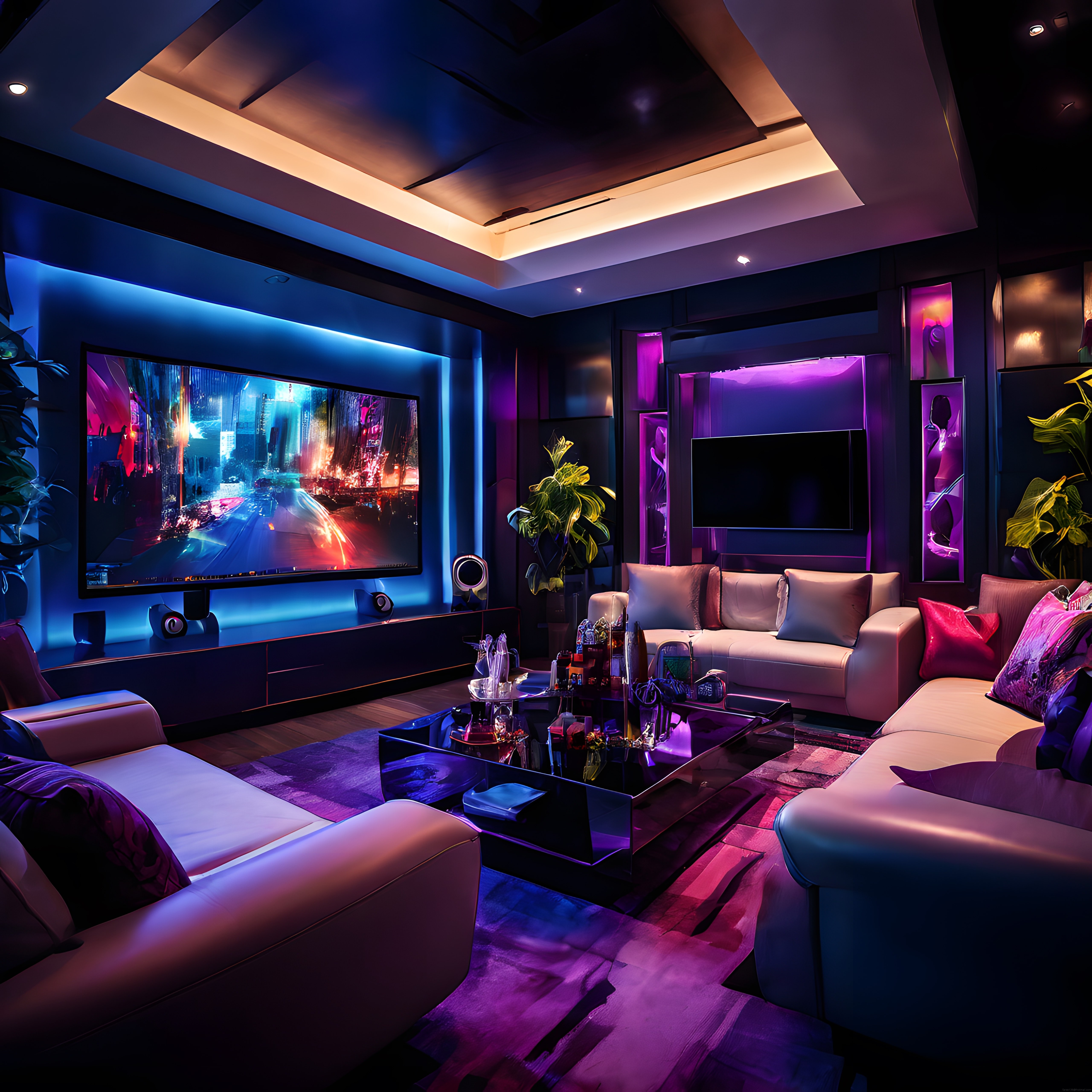 Neon Aydınlatmalı Lüks Karaoke ve TV Odası: Modern Eğlence Salonu Tasarımı