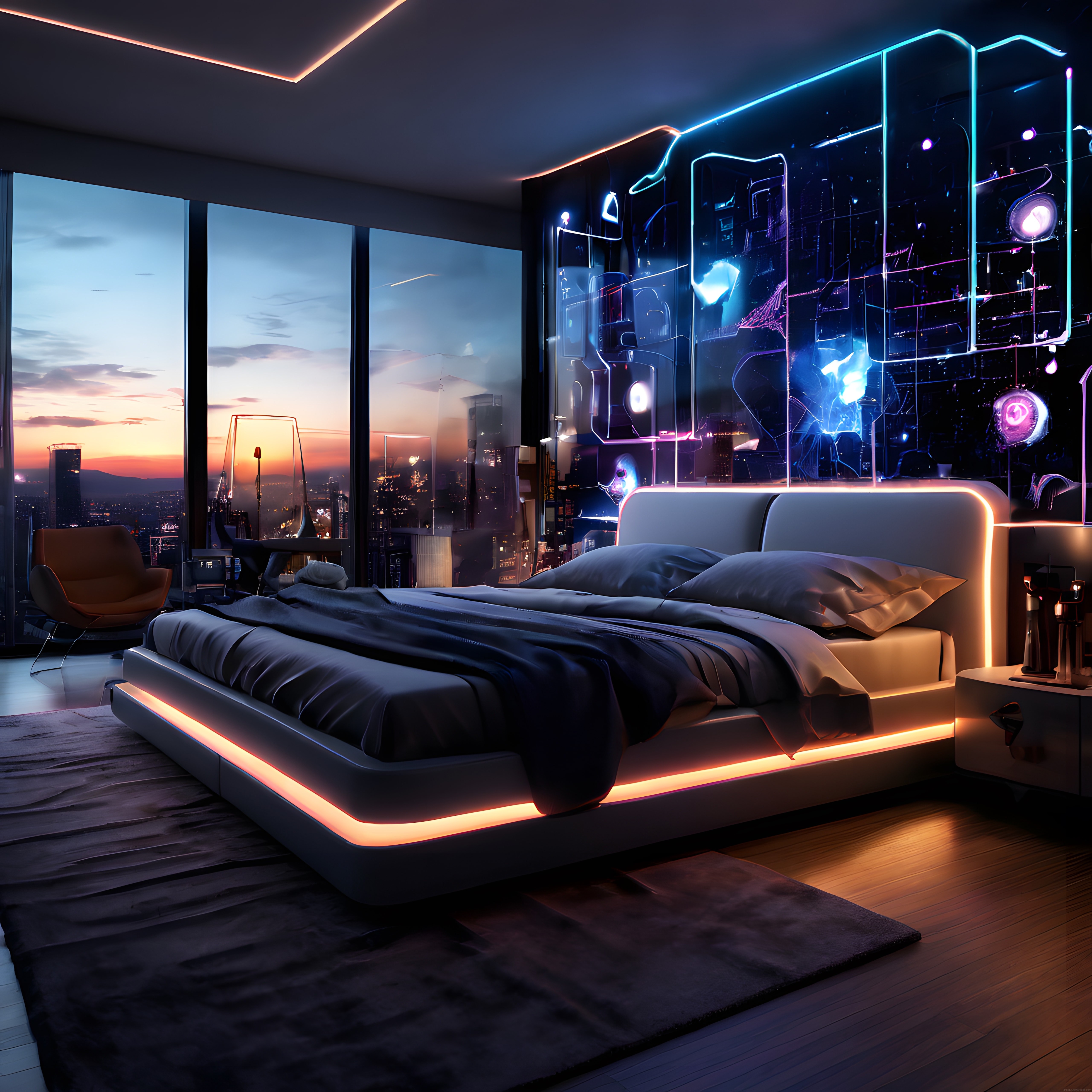 Neon Aydınlatmalı Lüks Yatak Odası: Şehir Manzaralı Futuristik Otel Tasarımı
