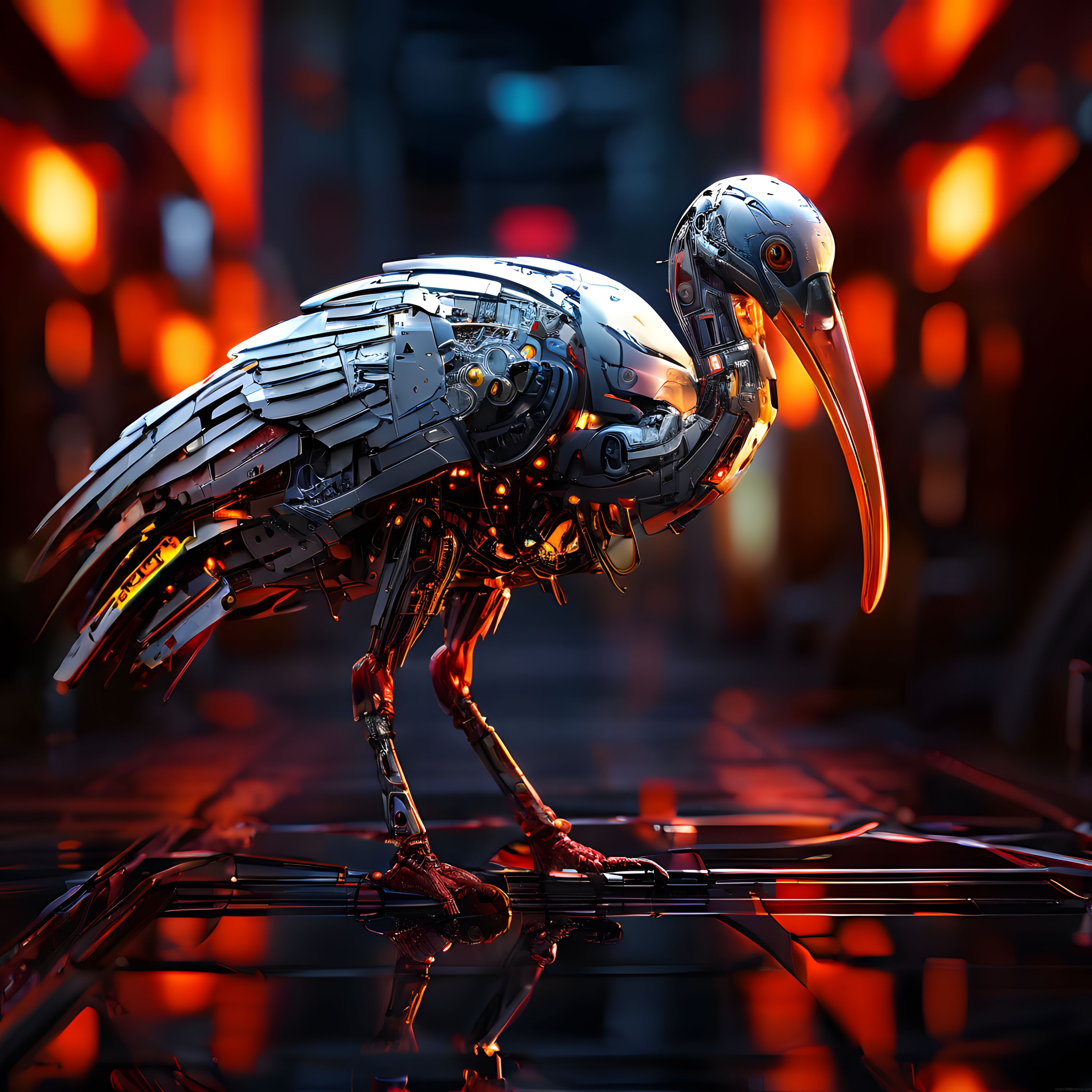 Neon Aydınlatmalı Mekanik Flamingo Robot ve Yansımalı Fütüristik Zemin