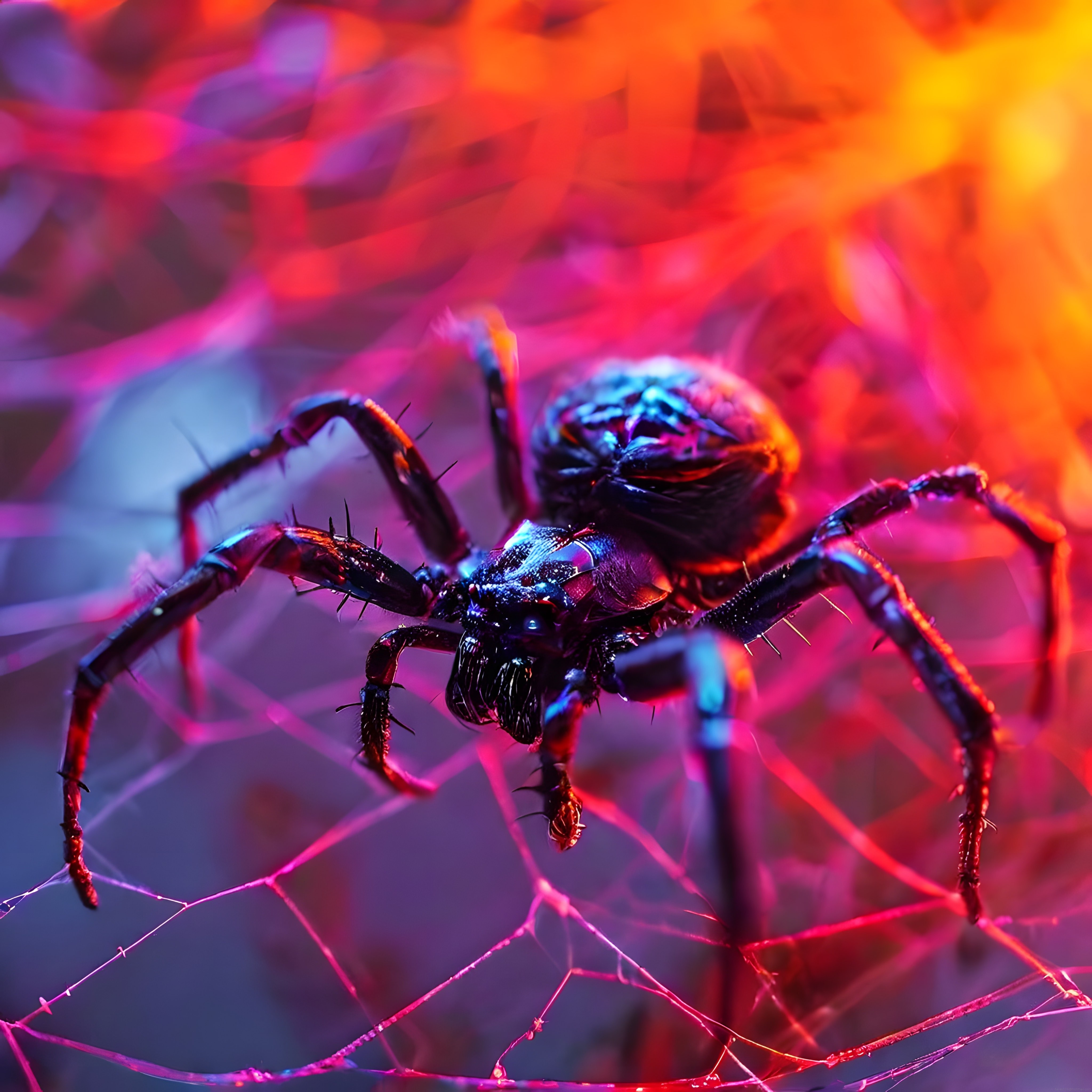 Neon Aydınlatmalı Örümcek Ağı Üzerindeki Siyah Örümcek Makro Çekim Neon Aydınlatmalı Örümcek Ağı Üzerindeki Siyah Örümcek Makro Çekim