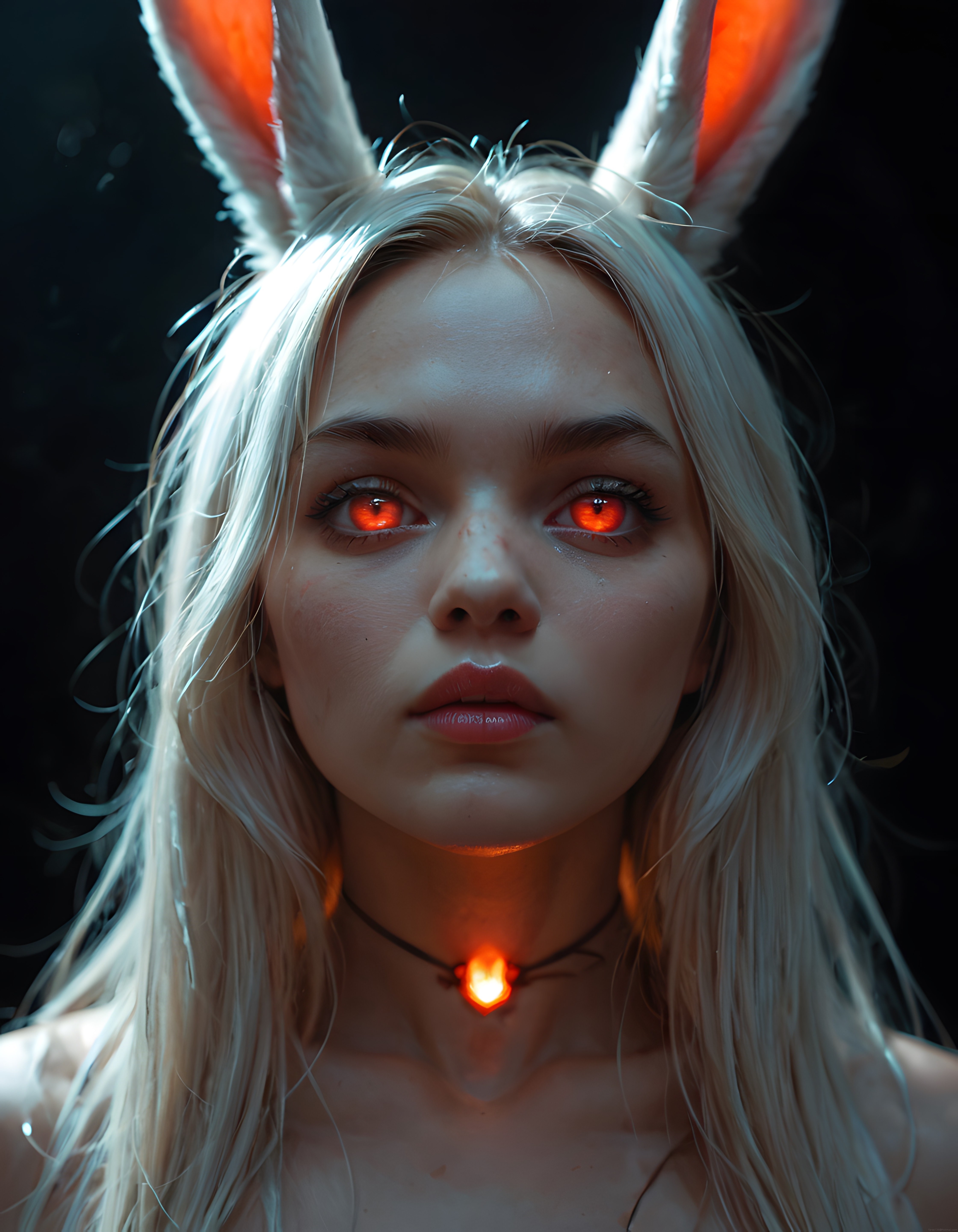 Neon Aydınlatmalı Tavşan Kulaklı Fantastik Dijital Karakter Portresi