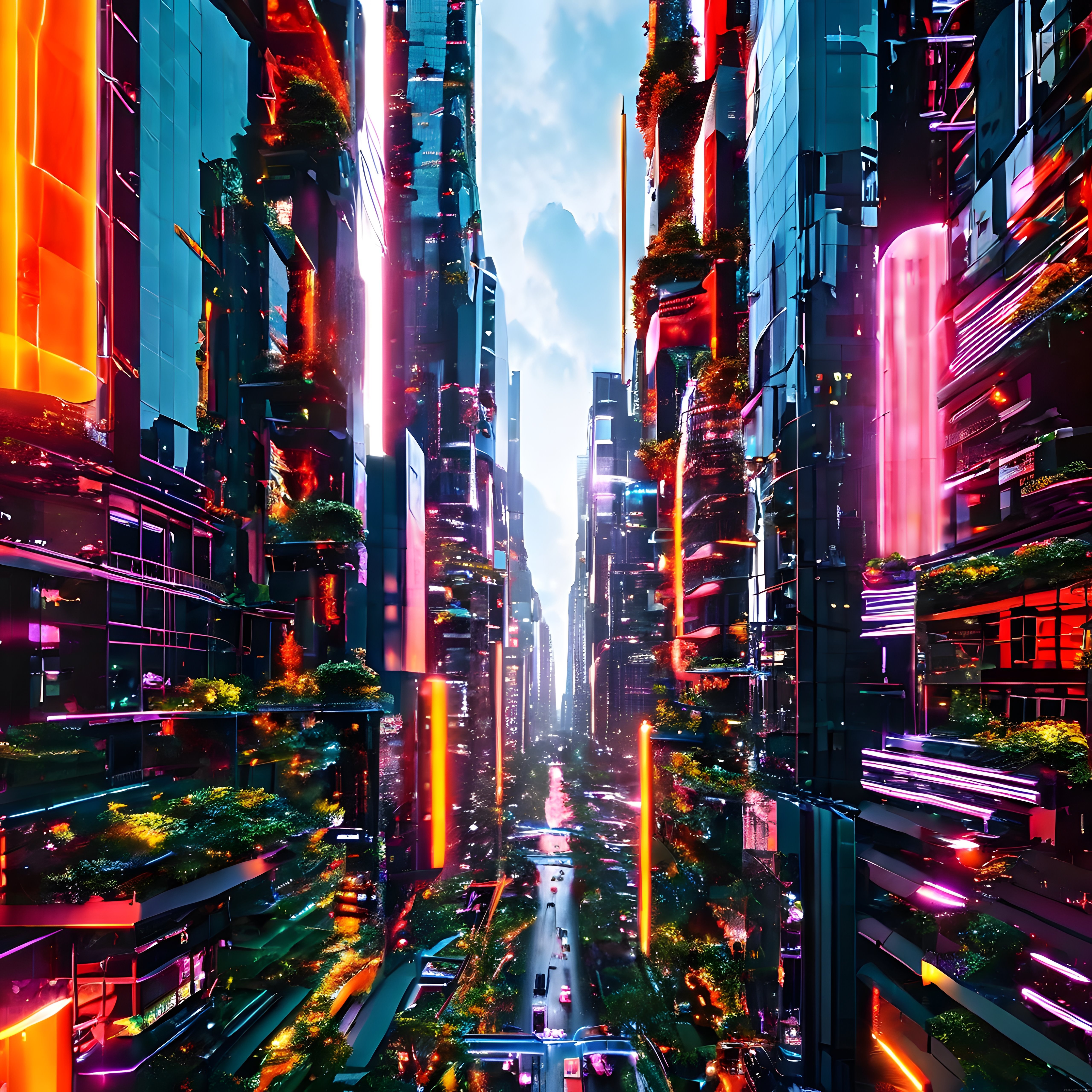 Neon binalar ve yeşil teraslarla süslenmiş cyberpunk bir gelecek şehri manzarası
