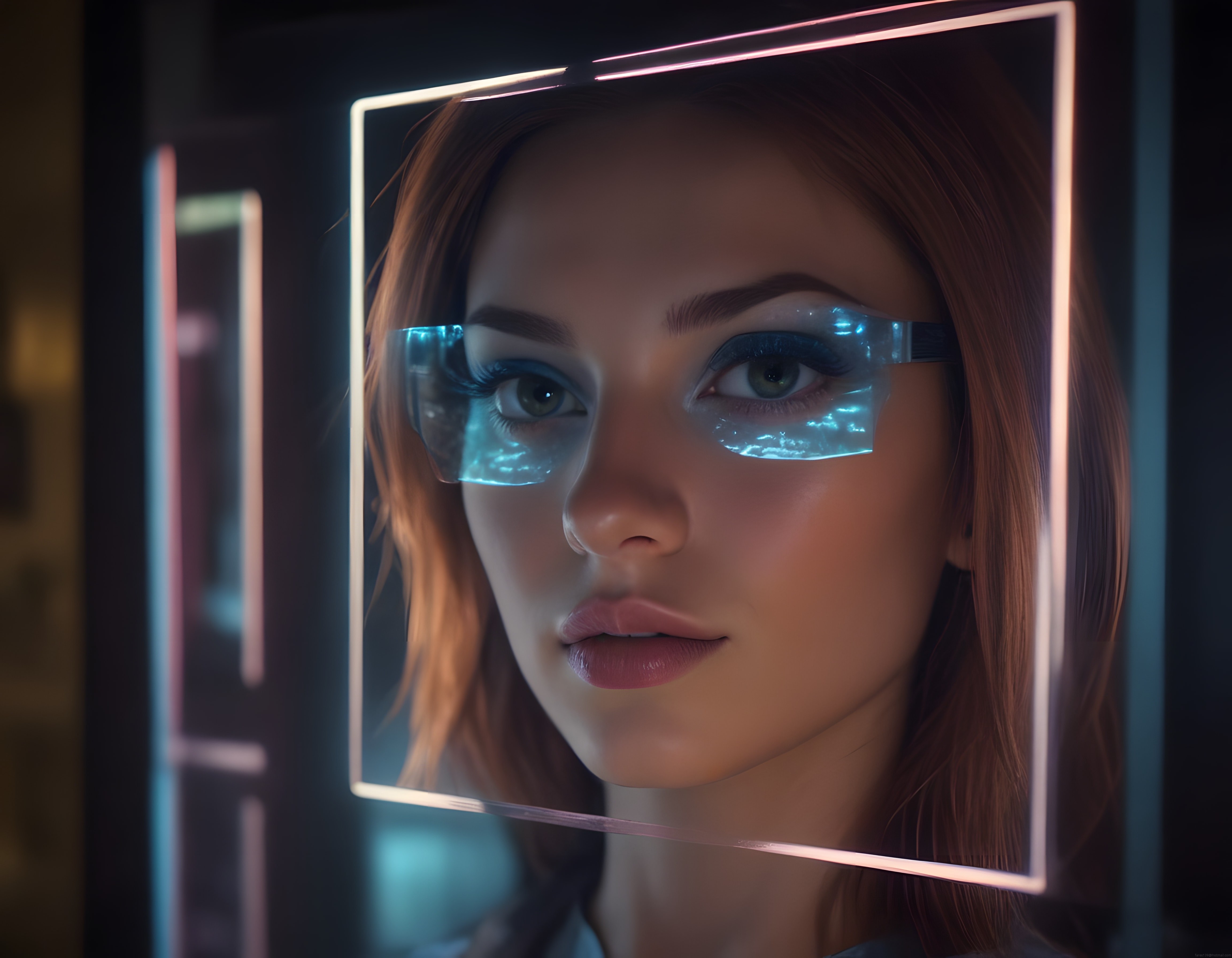 Neon Çerçevede Gelecek Tasarımlı Transparan Gözlüklü Cyberpunk Kadın Portresi