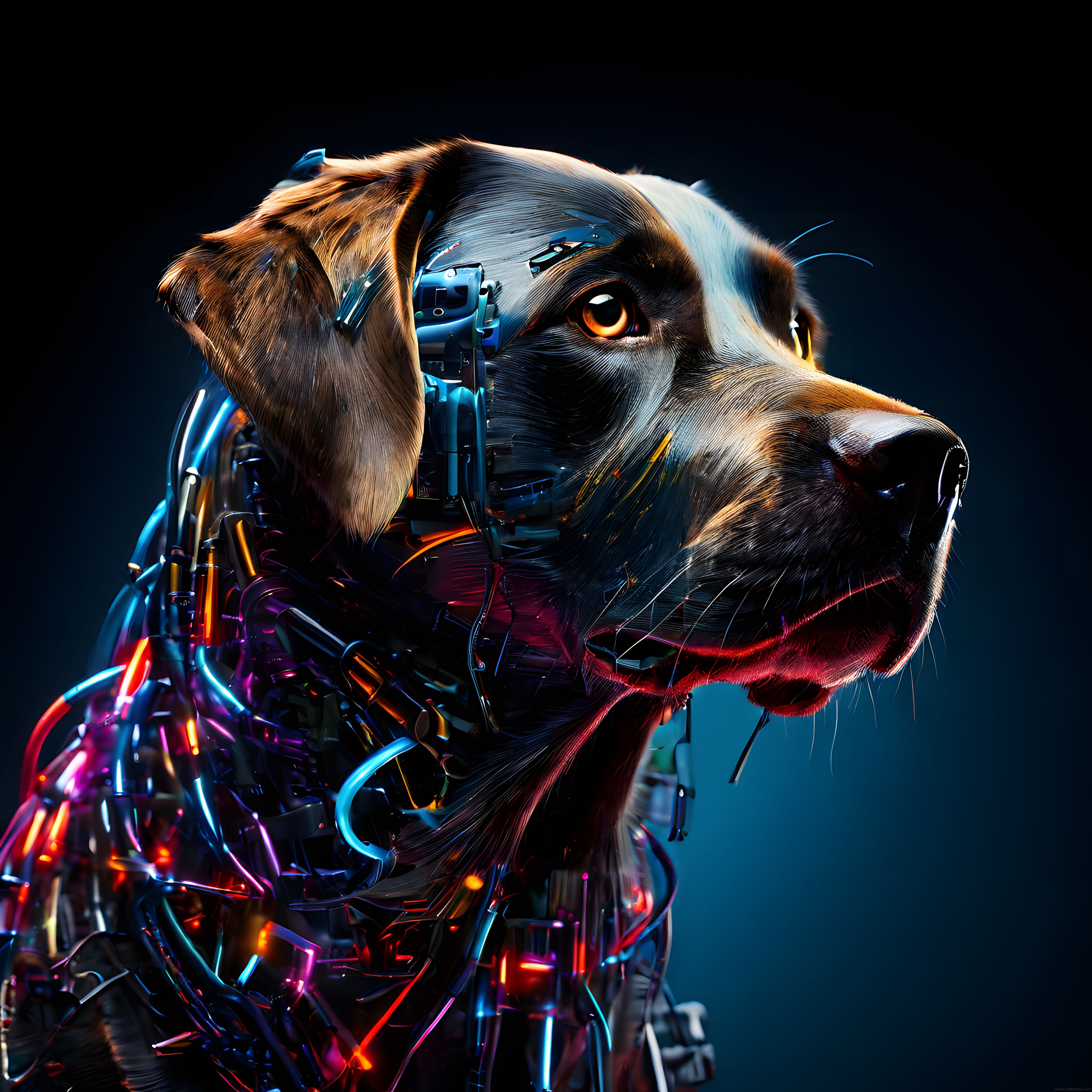 Neon Cyberpunk Kiborg Köpek Portresi: Teknoloji ve Doğanın Gelecekteki Buluşması