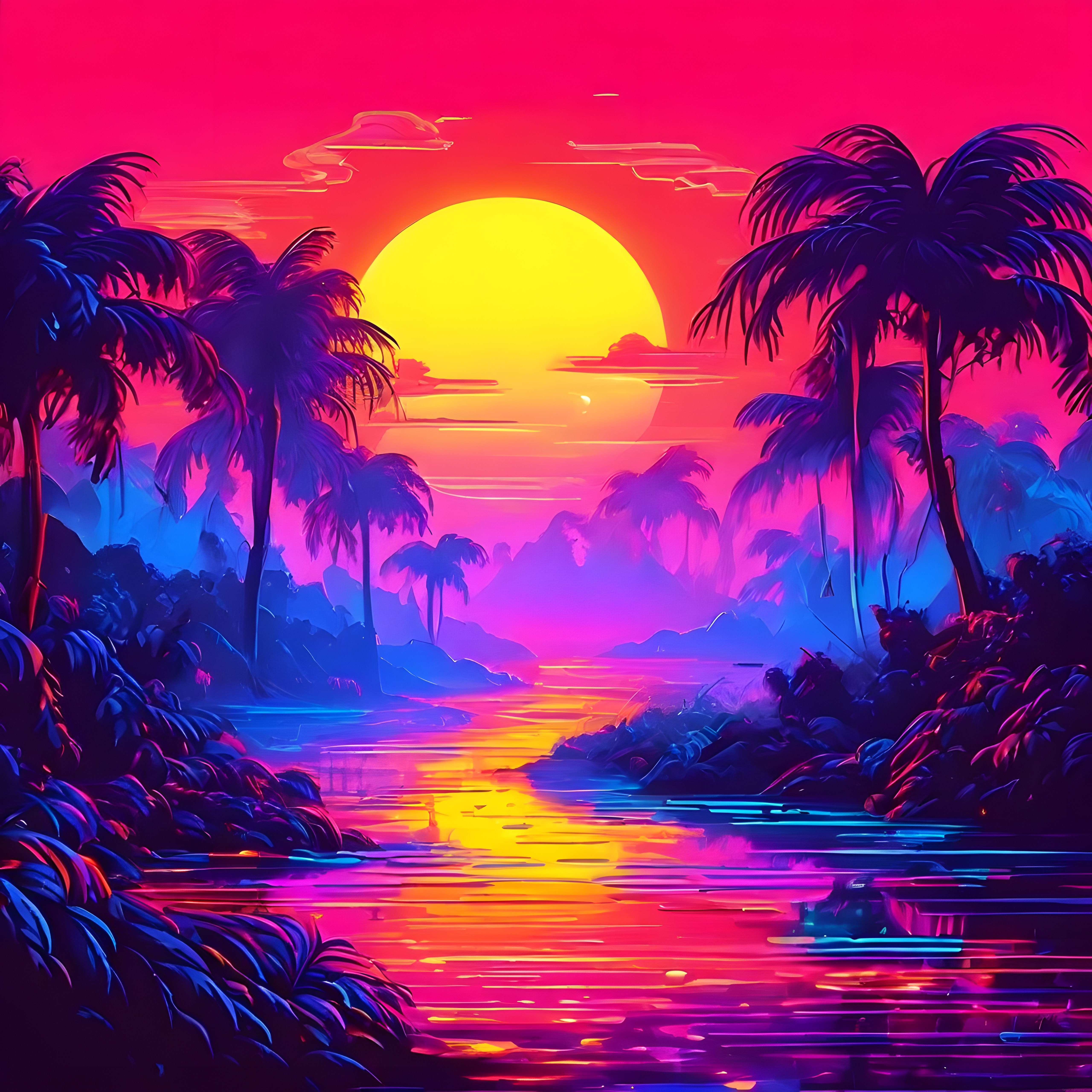 Neon Gökyüzü ve Palmiyeler: Retro Dijital Günbatımı Manzarası