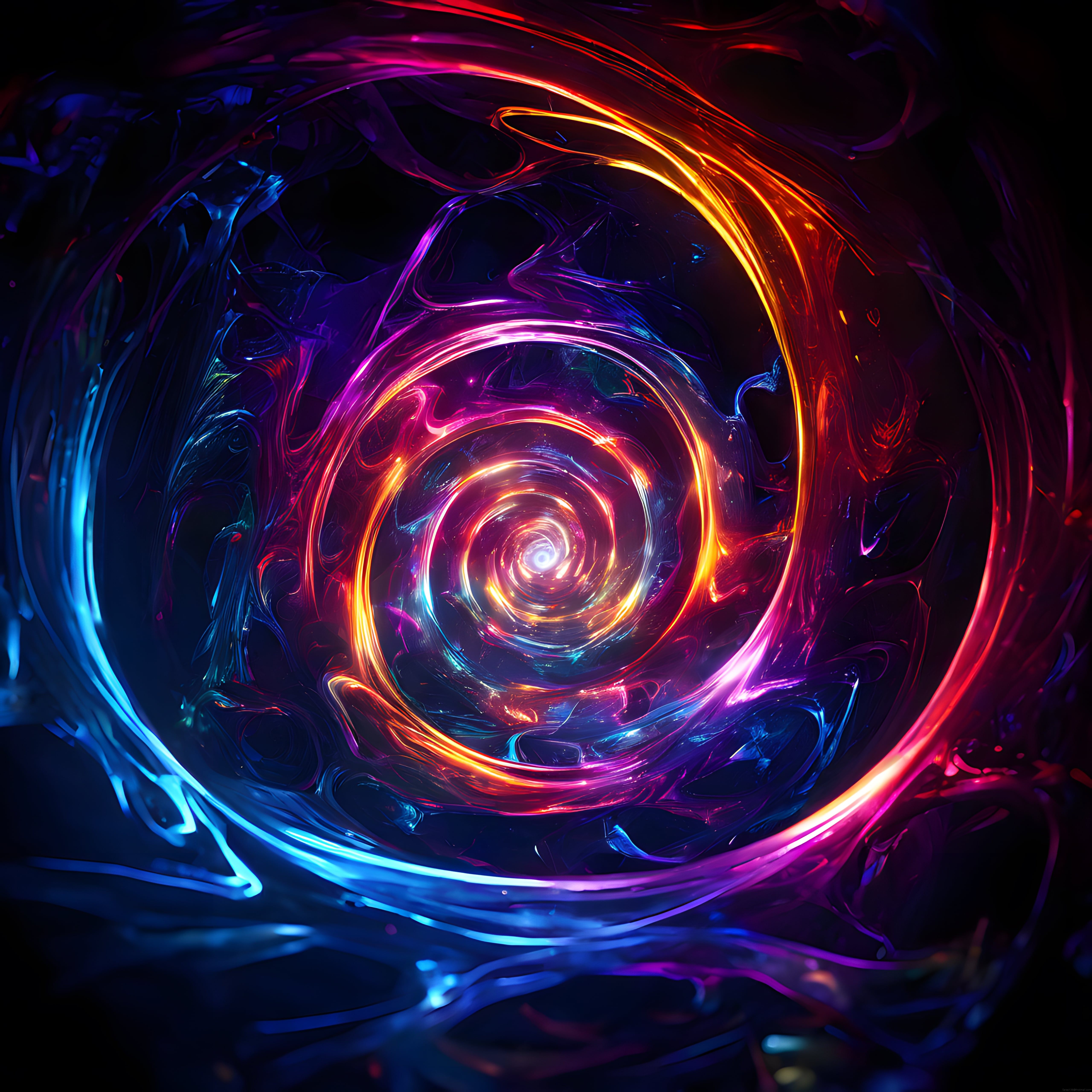 Neon Işık Halkalarıyla Çevrili Soyut Dijital Vortex ve Renk Sarmalı