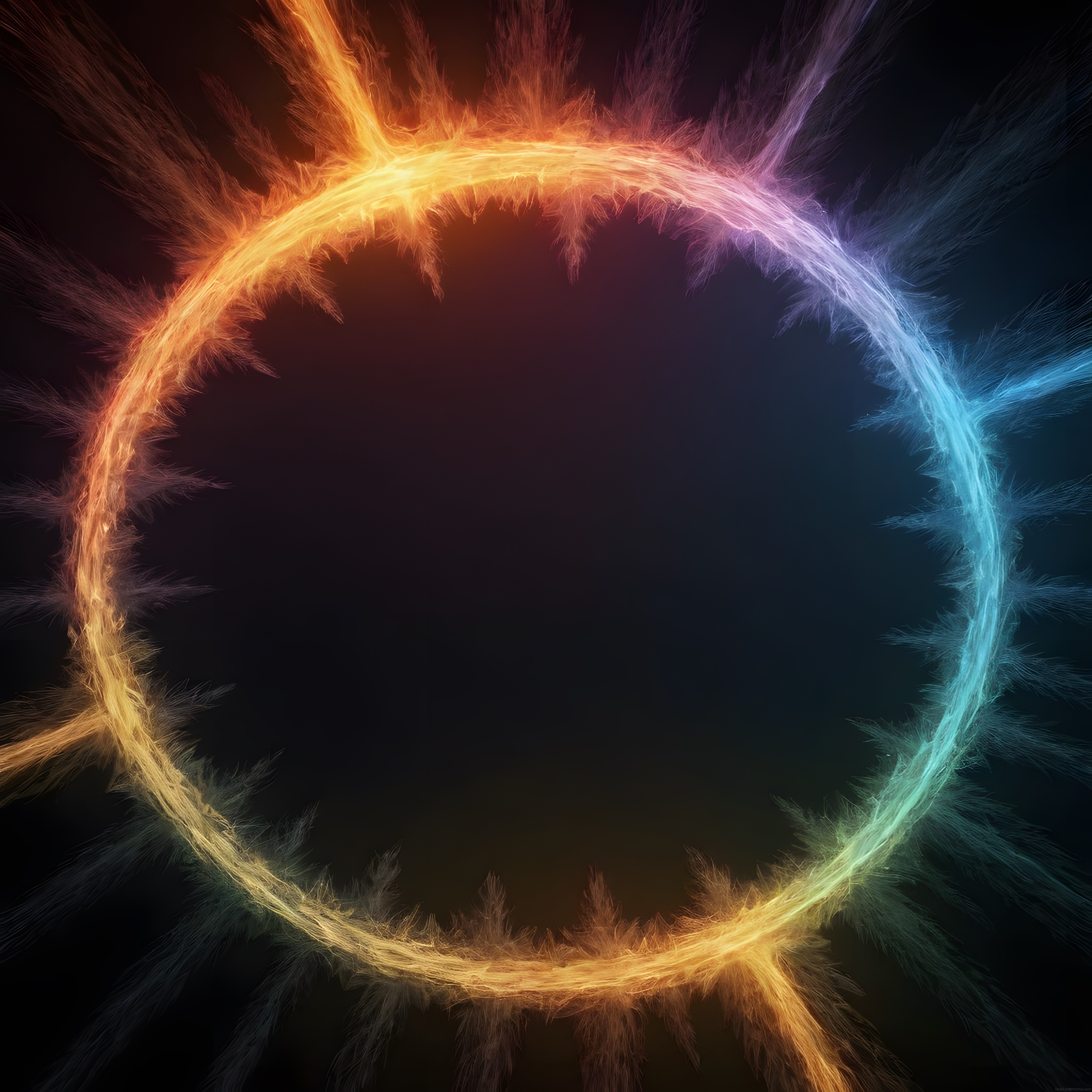 Neon Işık Halkası ve Renkli Parçacık Akışı ile Soyut Dijital Sanat Tasarımı