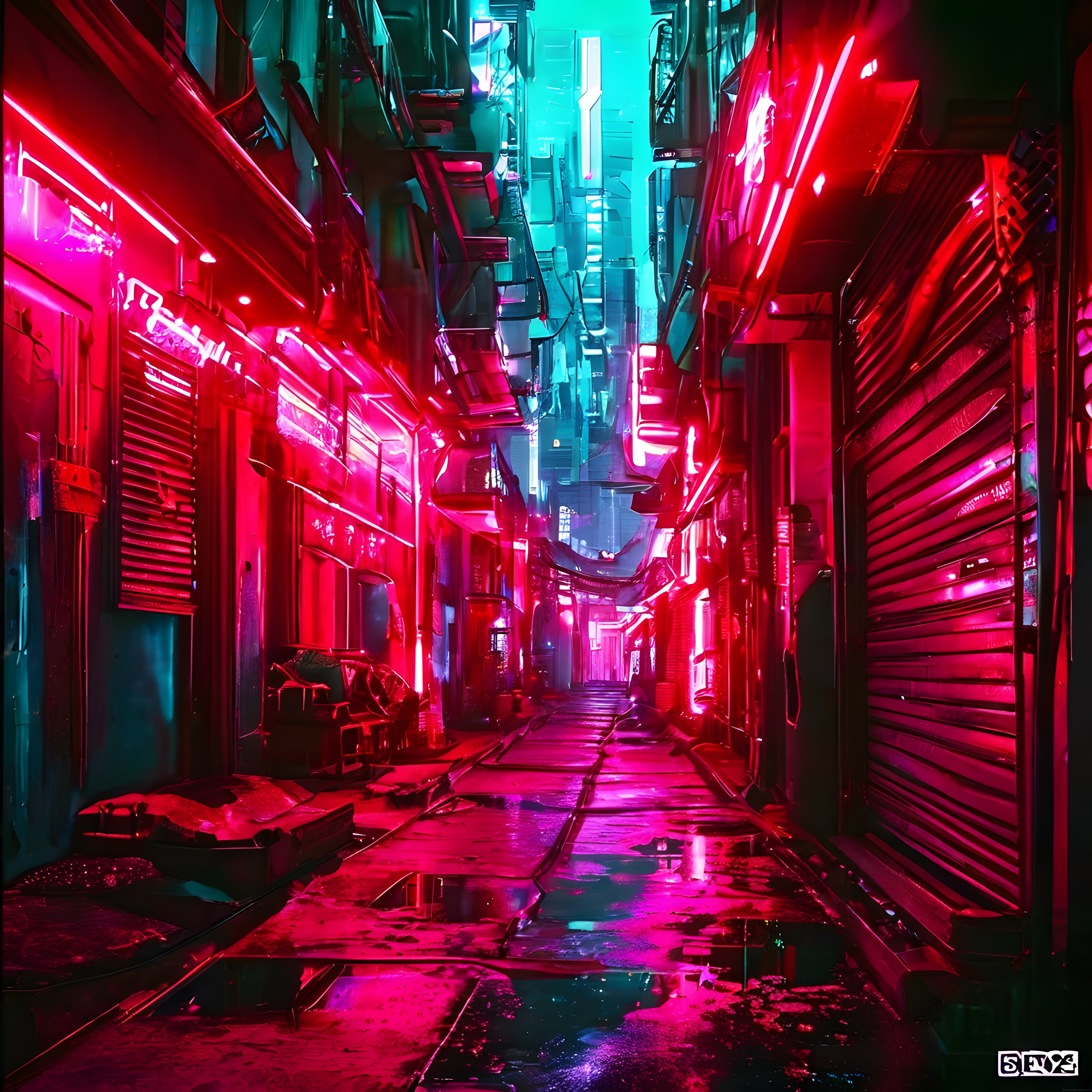 neon ışıkla süslenmiş cyberpunk dar bir gece sokağı ve ıslak zemin yansımaları