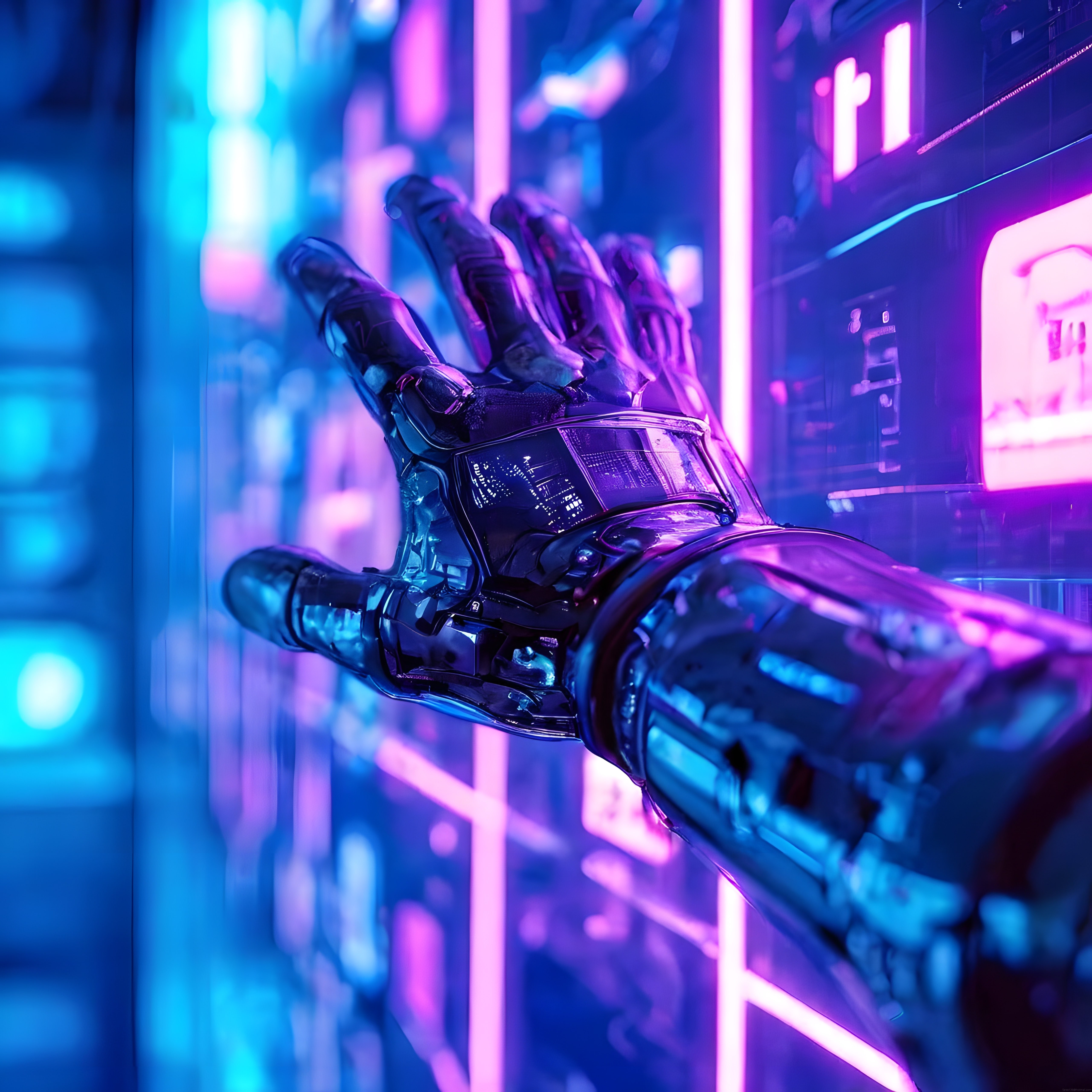 Neon Işıklar Altında Cam Yüzeye Dokunan Geleceğin Robotik Eli