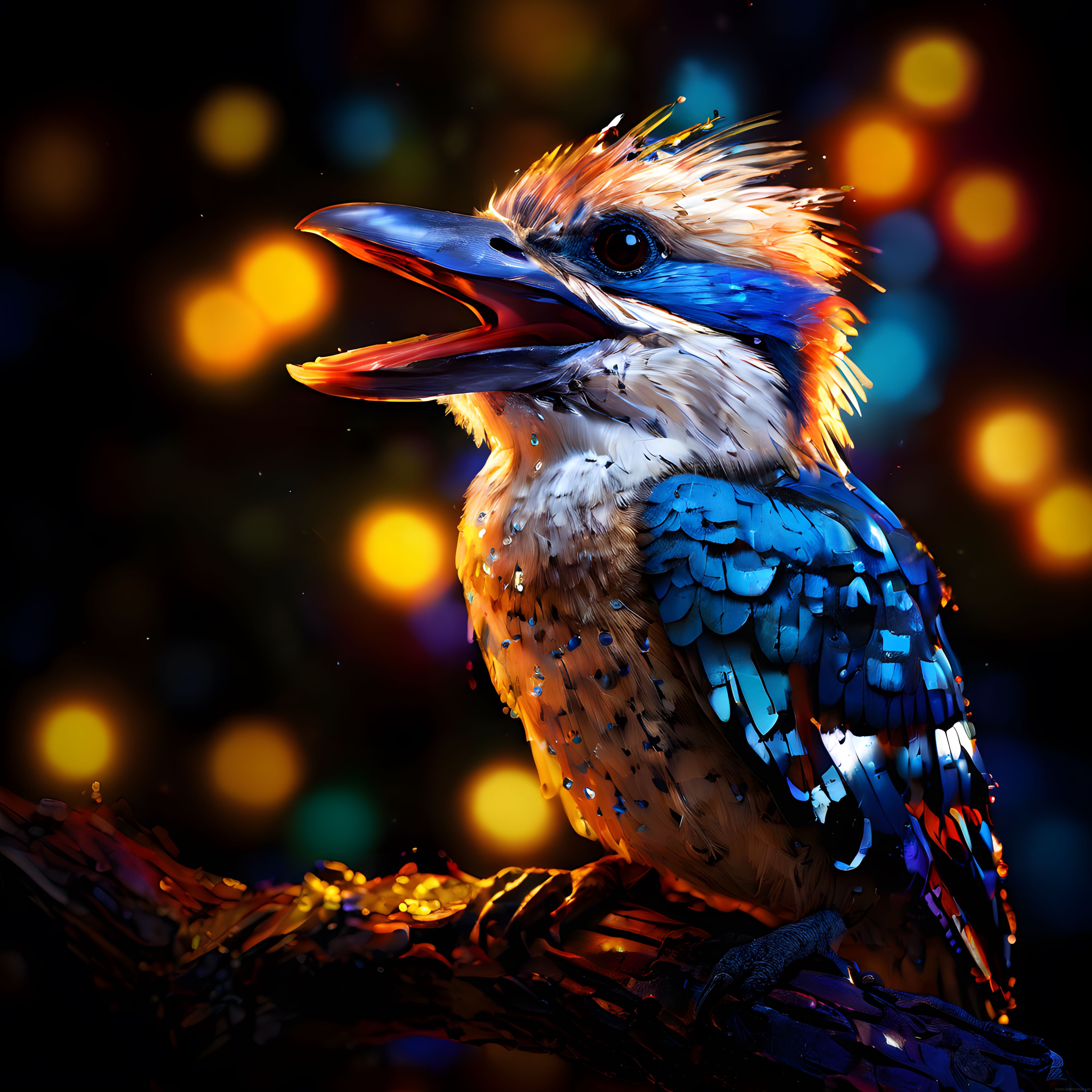 Neon Işıklar Altında Dijital Kookaburra: Göz Alıcı Kuş İllüstrasyonu