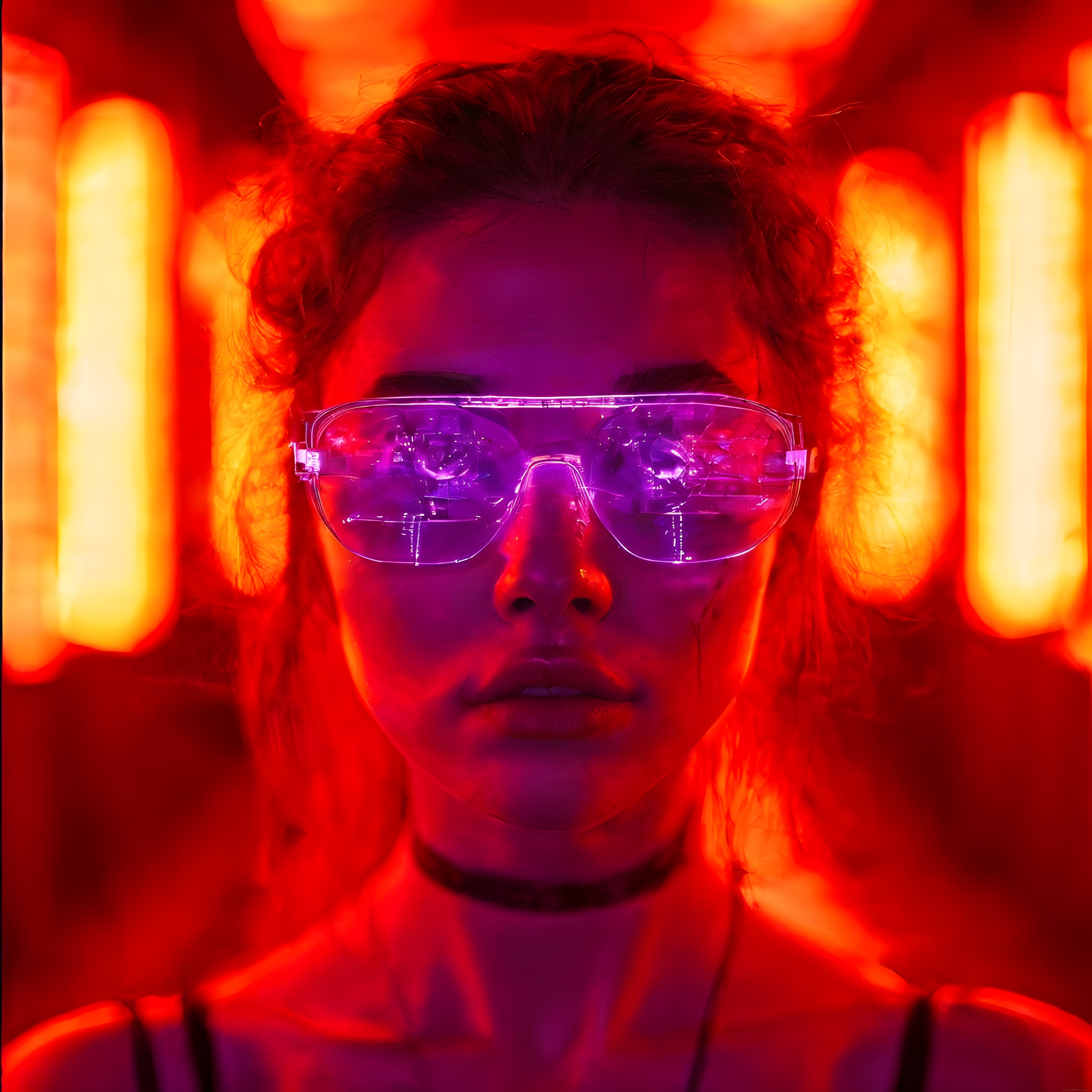 Neon Işıklar Altında Fütüristik Gözlüklü Cyberpunk Kadın Portresi