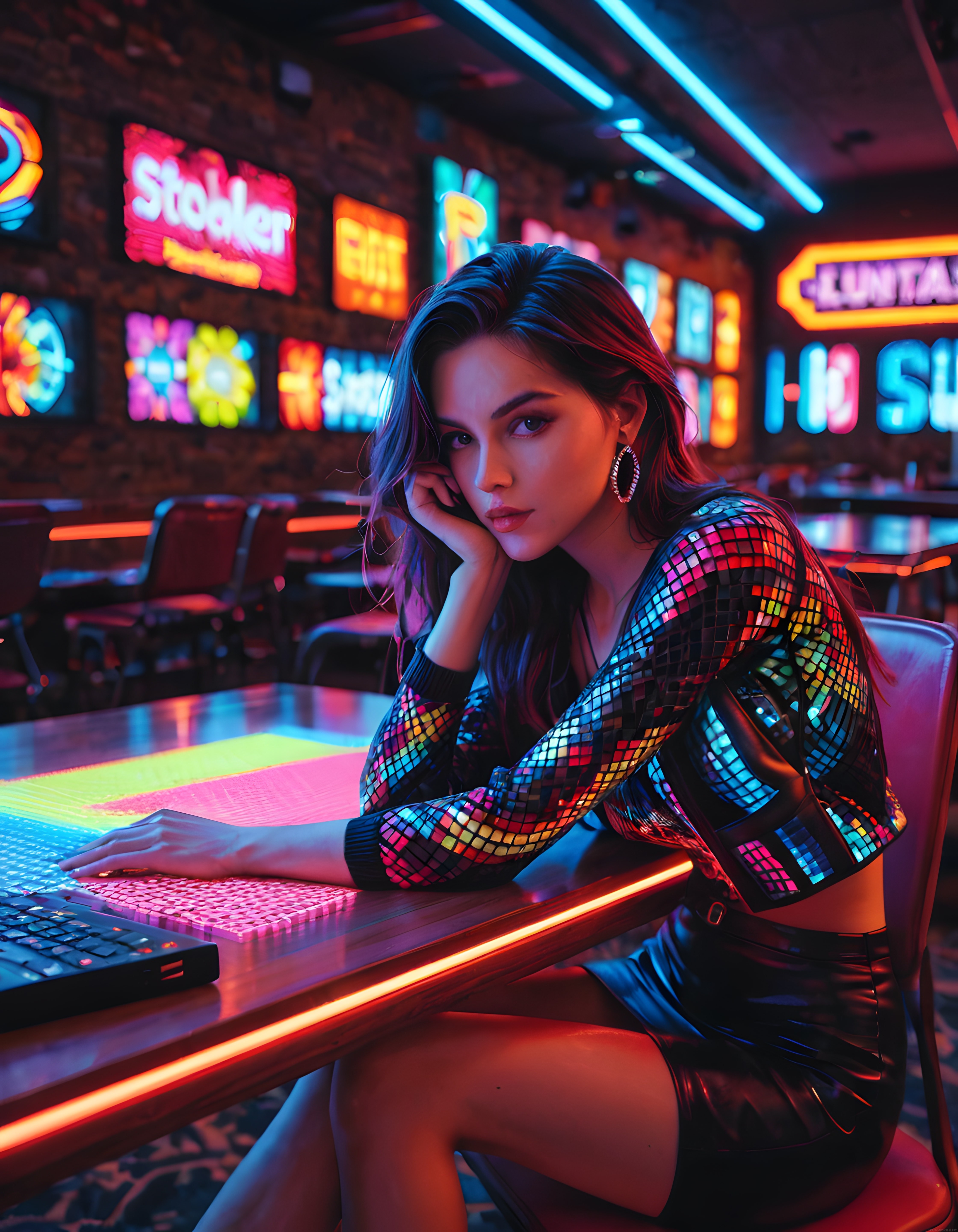 Neon Işıklar Altında Gece Kulübünde Yansıtıcı Kıyafetli Genç Kadın Portresi