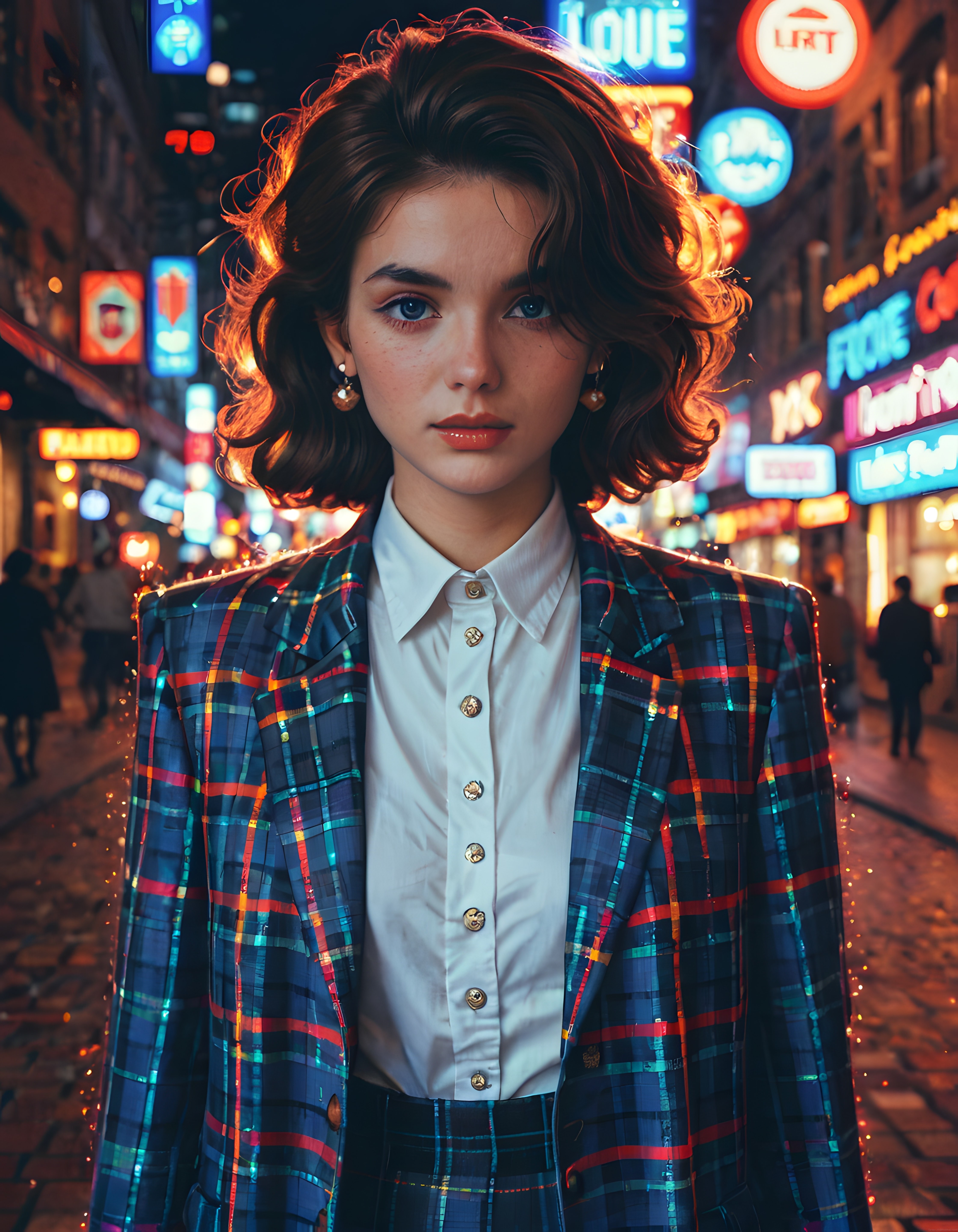 Neon Işıklar Altında Gece Sokağında Retro Tarz Ekose Ceketli Genç Kadın Portresi